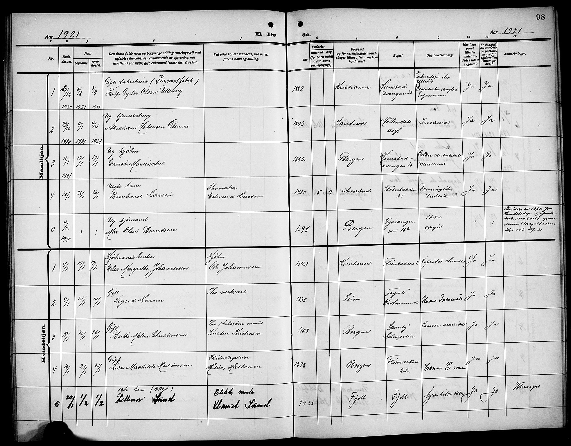 Årstad Sokneprestembete, AV/SAB-A-79301/H/Hab/L0024: Parish register (copy) no. D 1, 1915-1922, p. 98