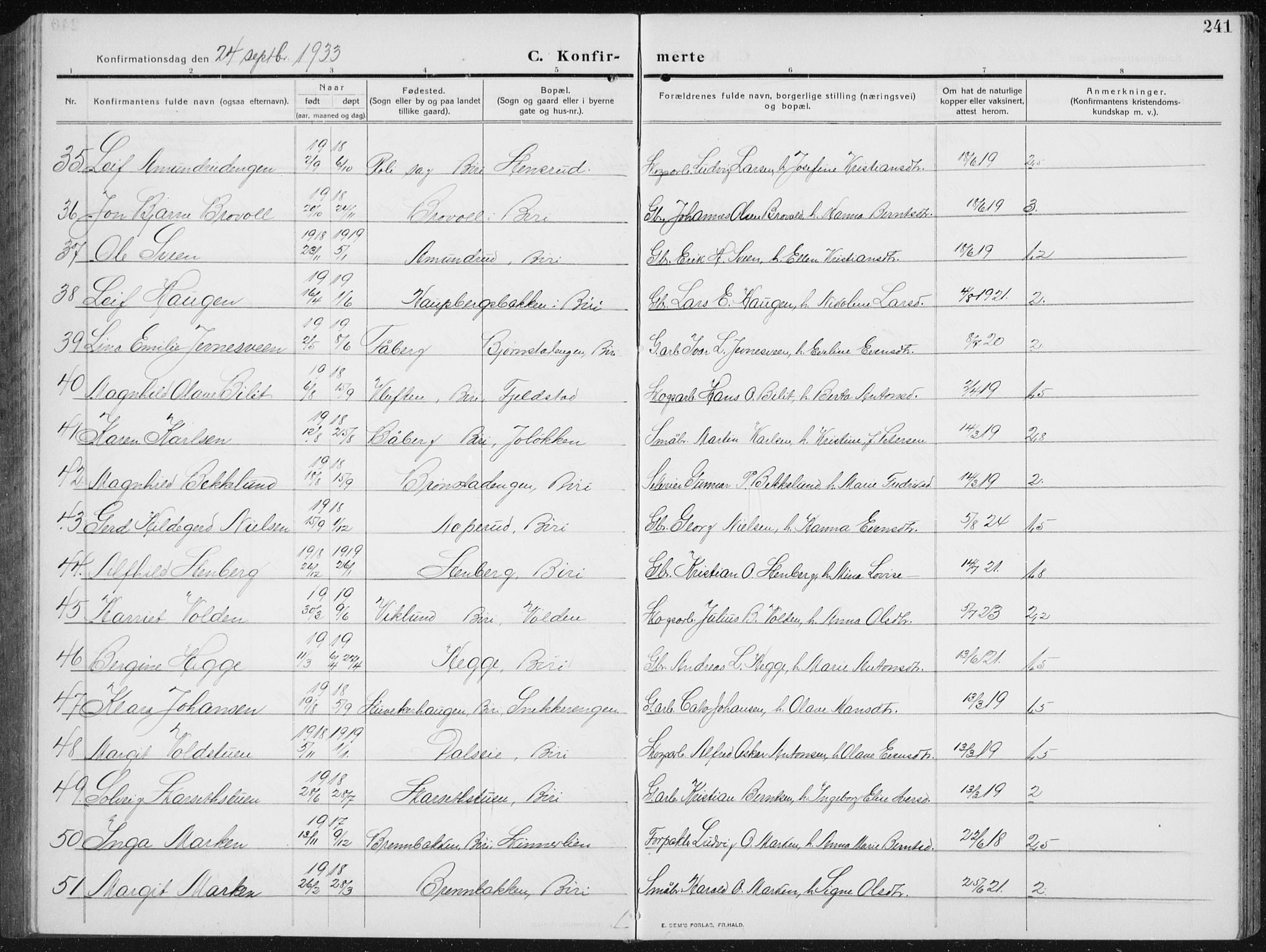 Biri prestekontor, AV/SAH-PREST-096/H/Ha/Hab/L0006: Parish register (copy) no. 6, 1909-1938, p. 241