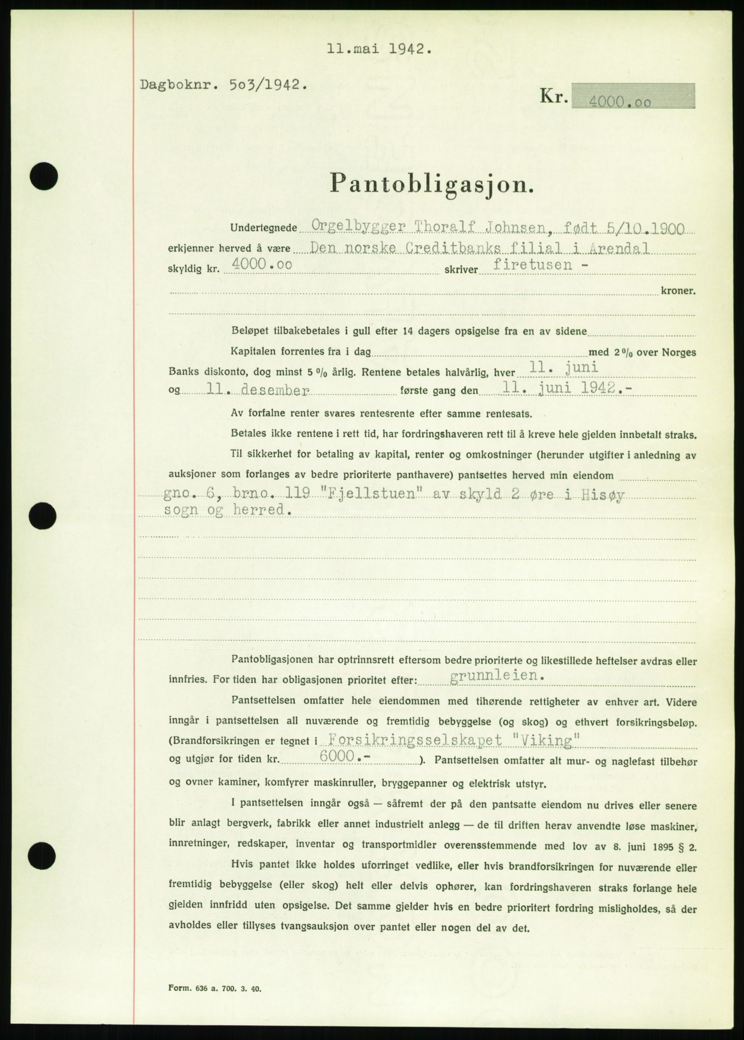 Nedenes sorenskriveri, AV/SAK-1221-0006/G/Gb/Gbb/L0002: Mortgage book no. II, 1942-1945, Diary no: : 503/1942