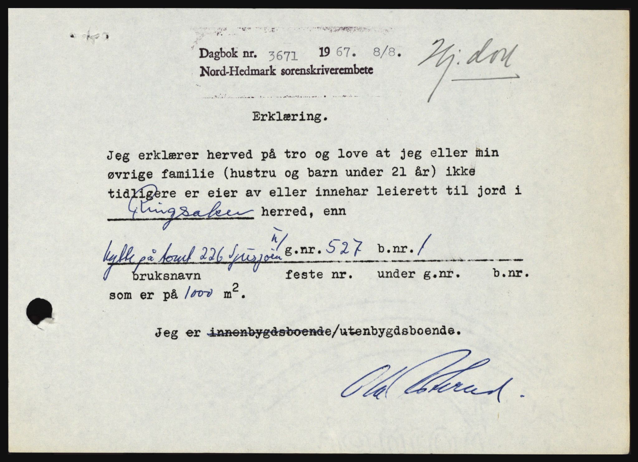 Nord-Hedmark sorenskriveri, SAH/TING-012/H/Hc/L0026: Mortgage book no. 26, 1967-1967, Diary no: : 3671/1967