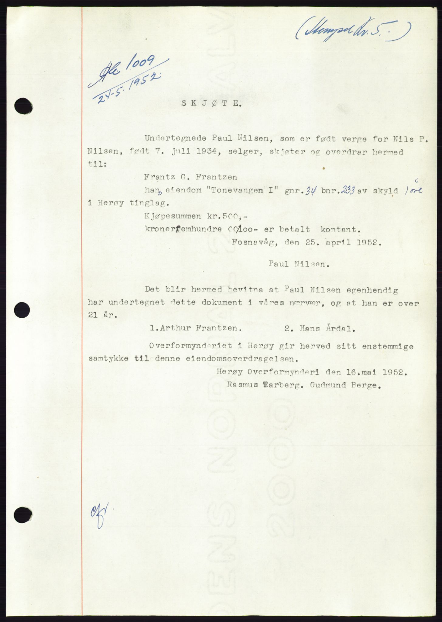 Søre Sunnmøre sorenskriveri, AV/SAT-A-4122/1/2/2C/L0092: Mortgage book no. 18A, 1952-1952, Diary no: : 1009/1952