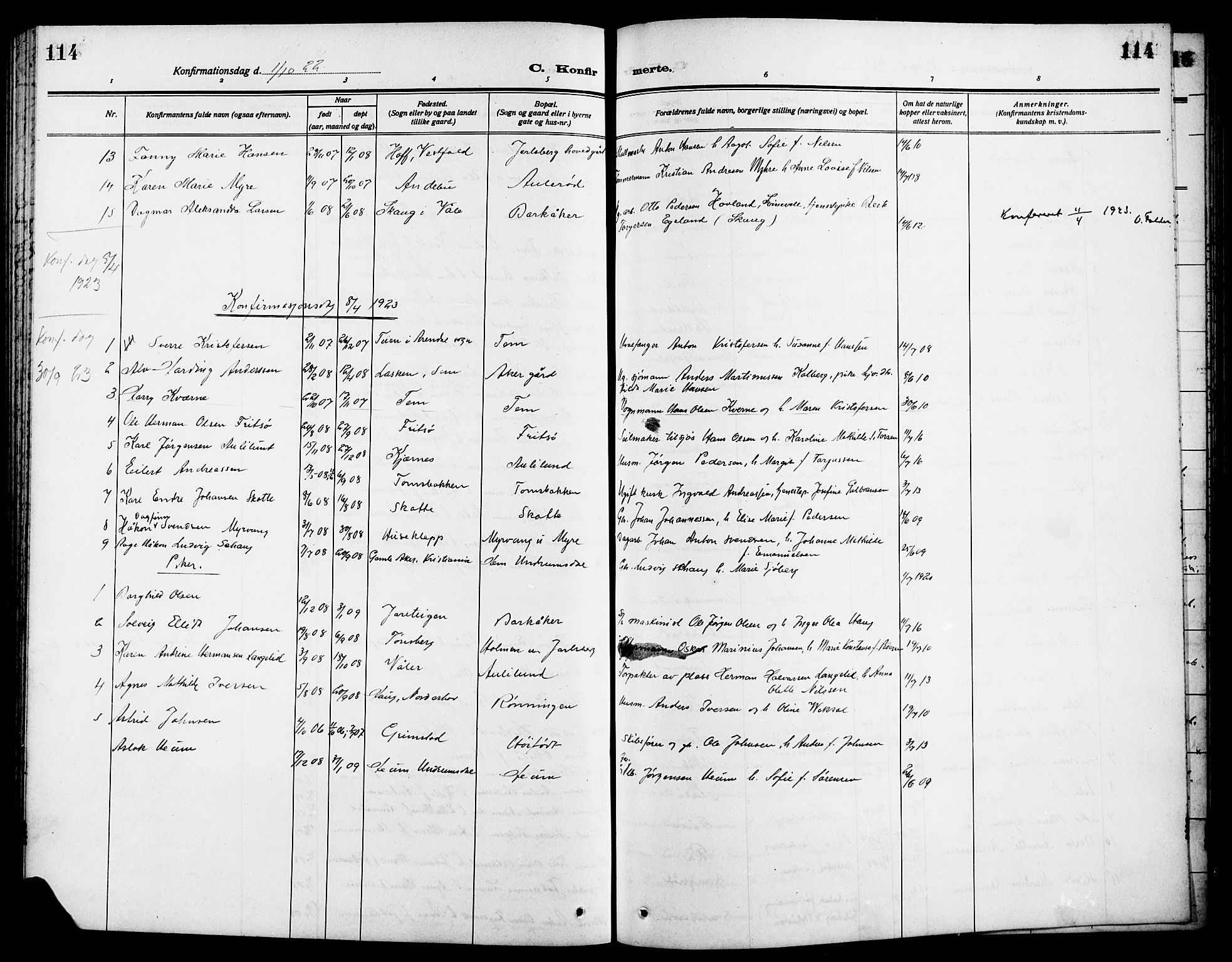 Sem kirkebøker, AV/SAKO-A-5/G/Ga/L0007: Parish register (copy) no. I 7, 1909-1924, p. 114