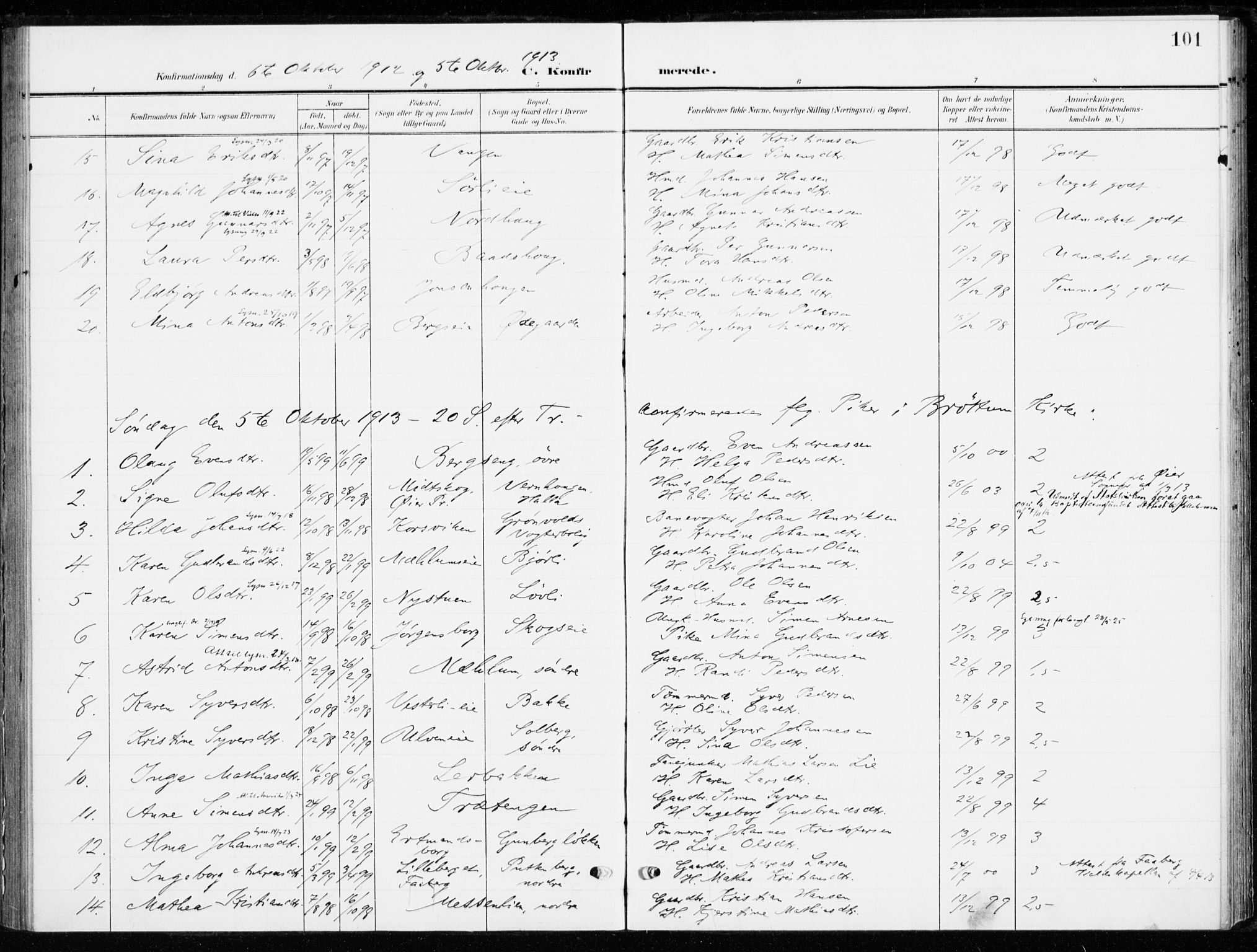 Ringsaker prestekontor, SAH/PREST-014/K/Ka/L0021: Parish register (official) no. 21, 1905-1920, p. 101