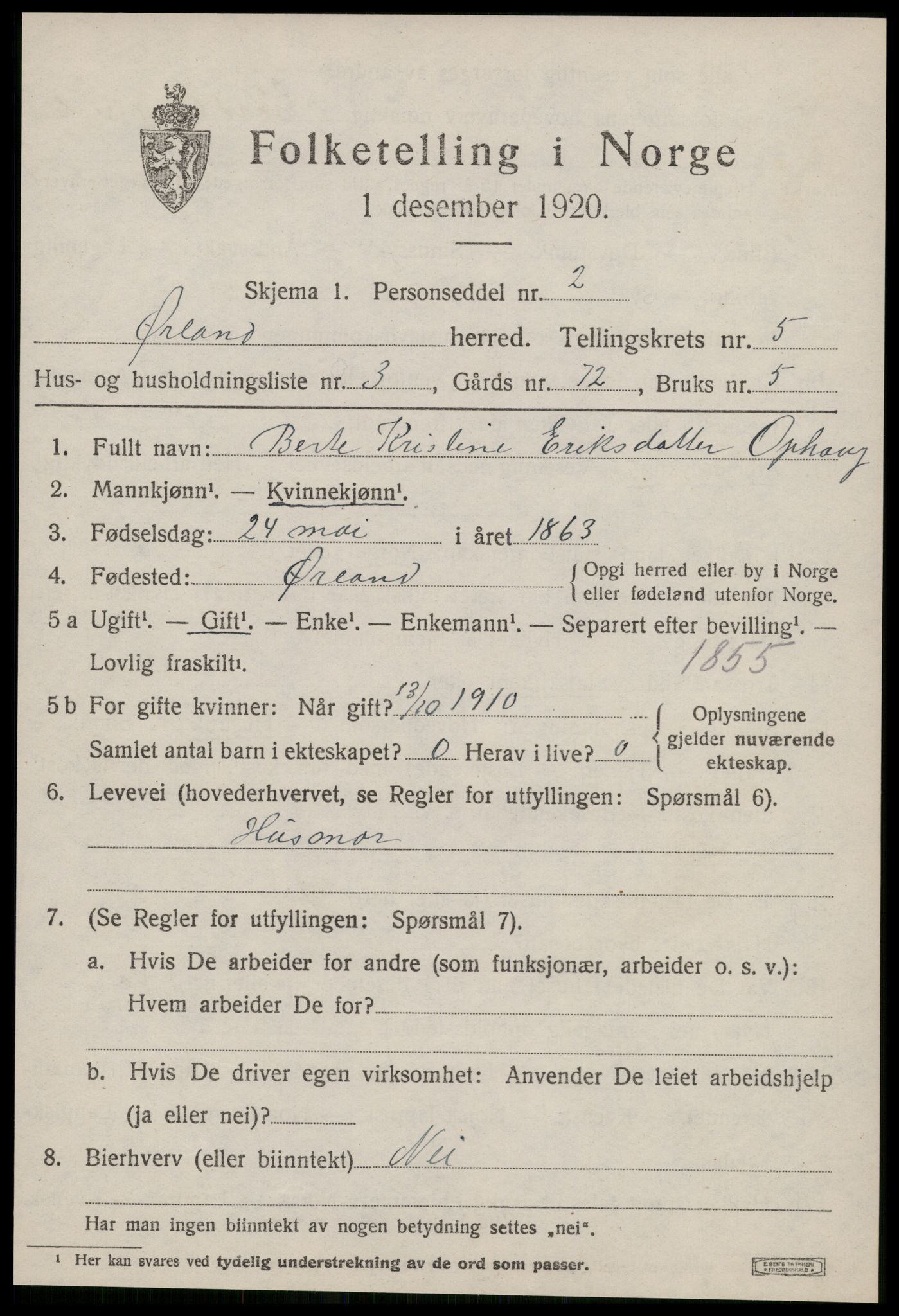 SAT, 1920 census for Ørland, 1920, p. 4509