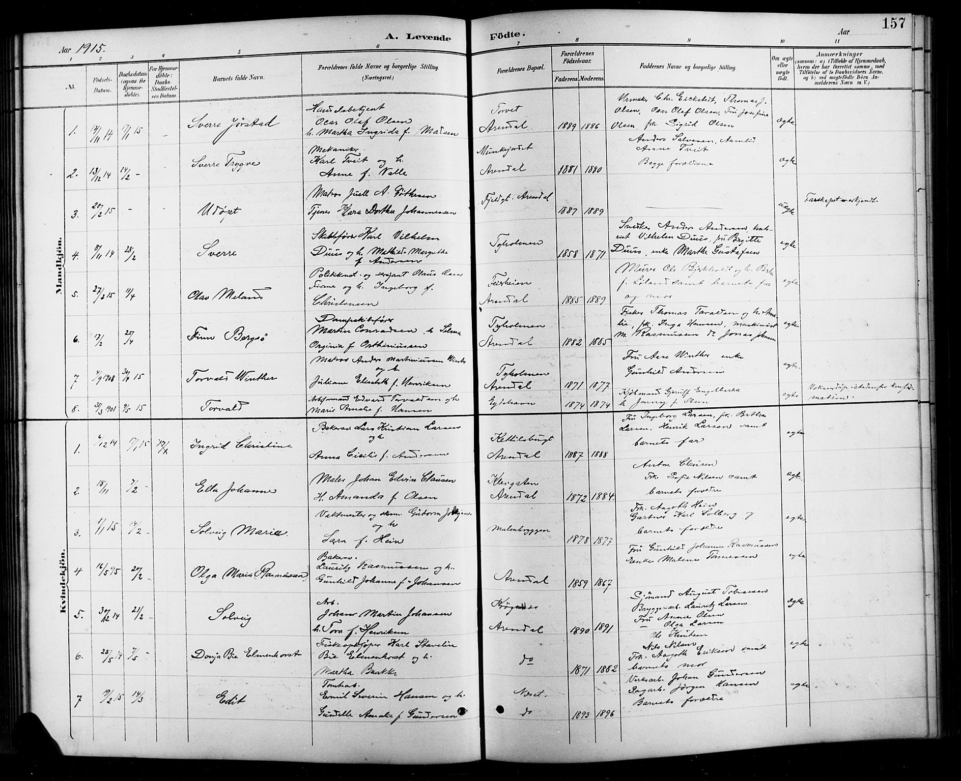 Arendal sokneprestkontor, Trefoldighet, SAK/1111-0040/F/Fb/L0006: Parish register (copy) no. B 6, 1889-1916, p. 157