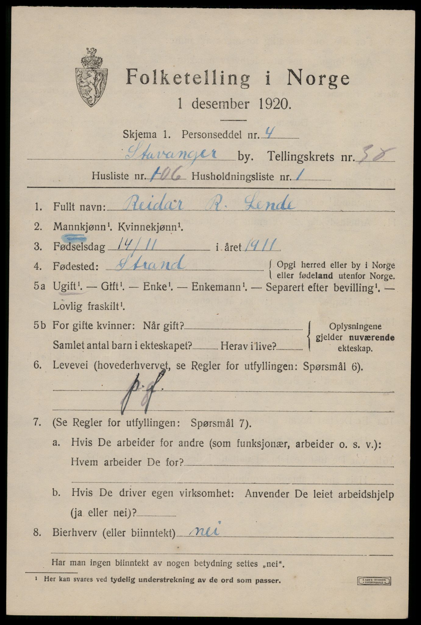 SAST, 1920 census for Stavanger, 1920, p. 101028