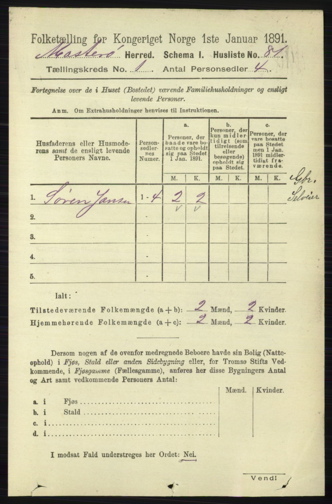 RA, 1891 census for 1143 Mosterøy, 1891, p. 95