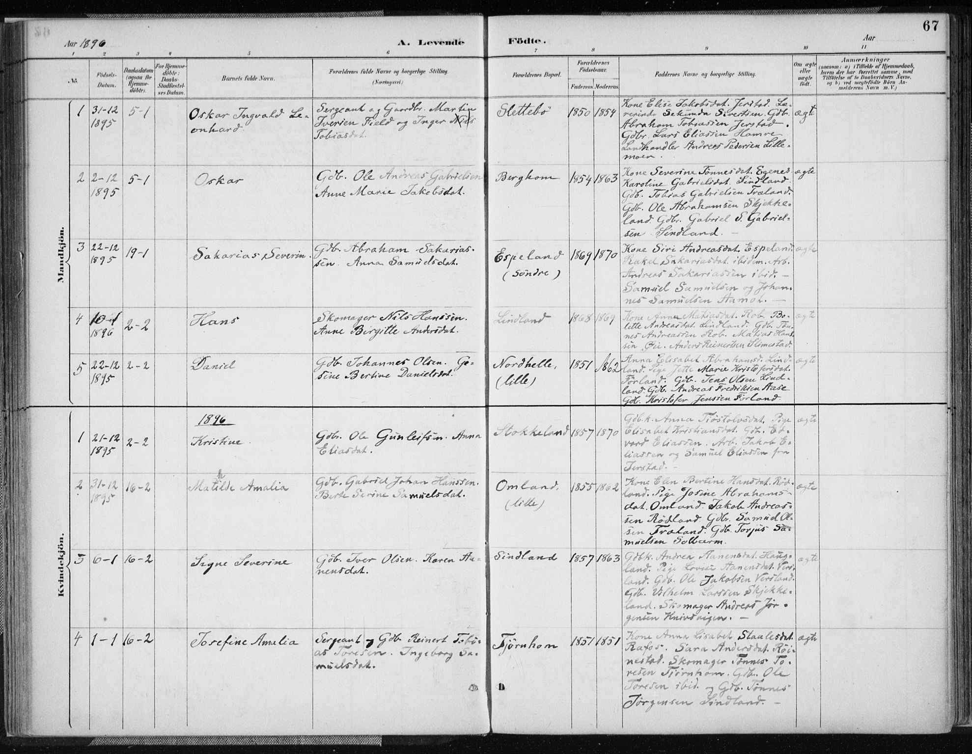 Kvinesdal sokneprestkontor, AV/SAK-1111-0026/F/Fa/Fab/L0008: Parish register (official) no. A 8, 1886-1897, p. 67