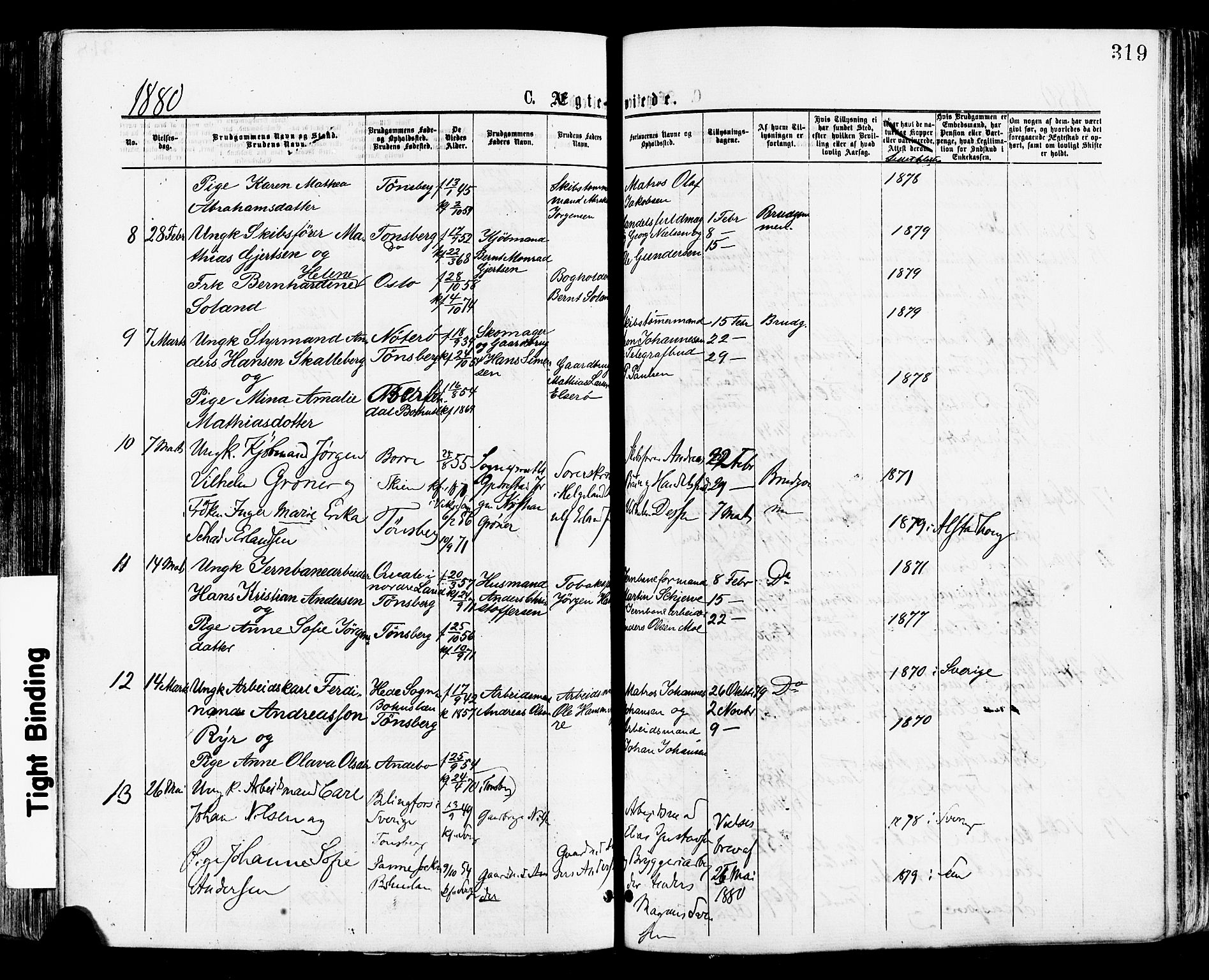 Tønsberg kirkebøker, AV/SAKO-A-330/F/Fa/L0010: Parish register (official) no. I 10, 1874-1880, p. 319