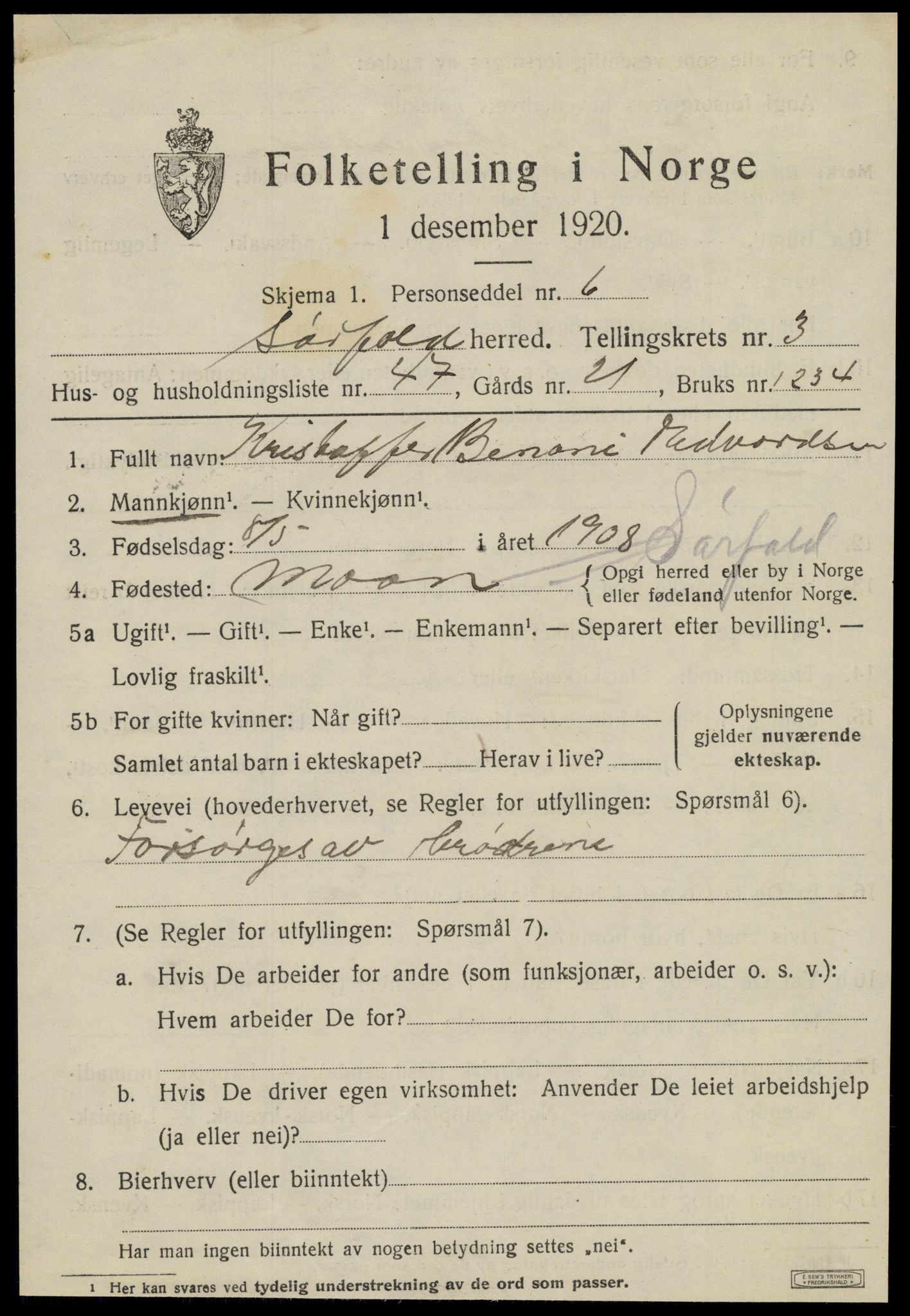 SAT, 1920 census for Sørfold, 1920, p. 2617