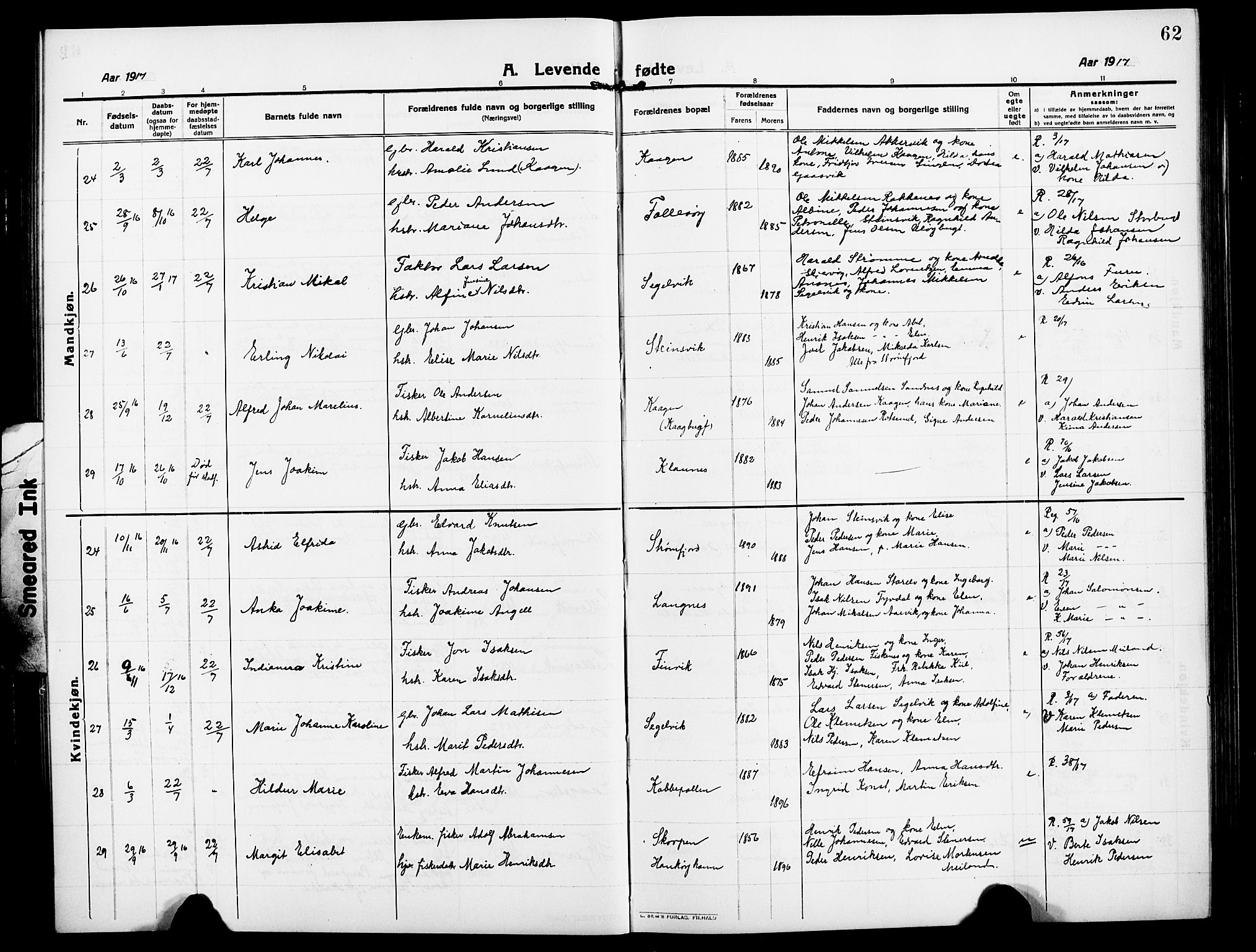 Skjervøy sokneprestkontor, AV/SATØ-S-1300/H/Ha/Hab/L0009klokker: Parish register (copy) no. 9, 1911-1926, p. 62