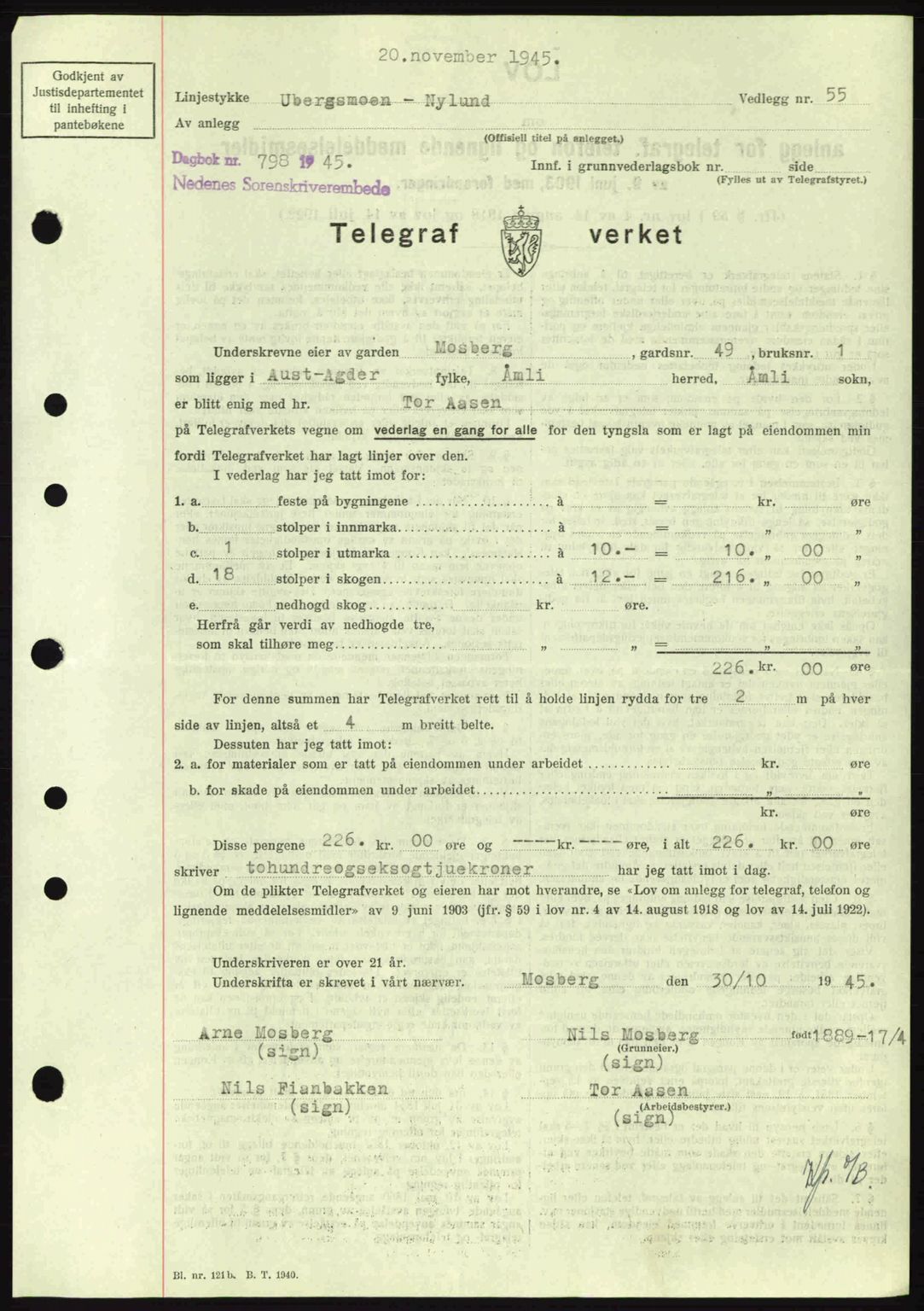 Nedenes sorenskriveri, SAK/1221-0006/G/Gb/Gba/L0053: Mortgage book no. A6b, 1945-1945, Diary no: : 798/1945