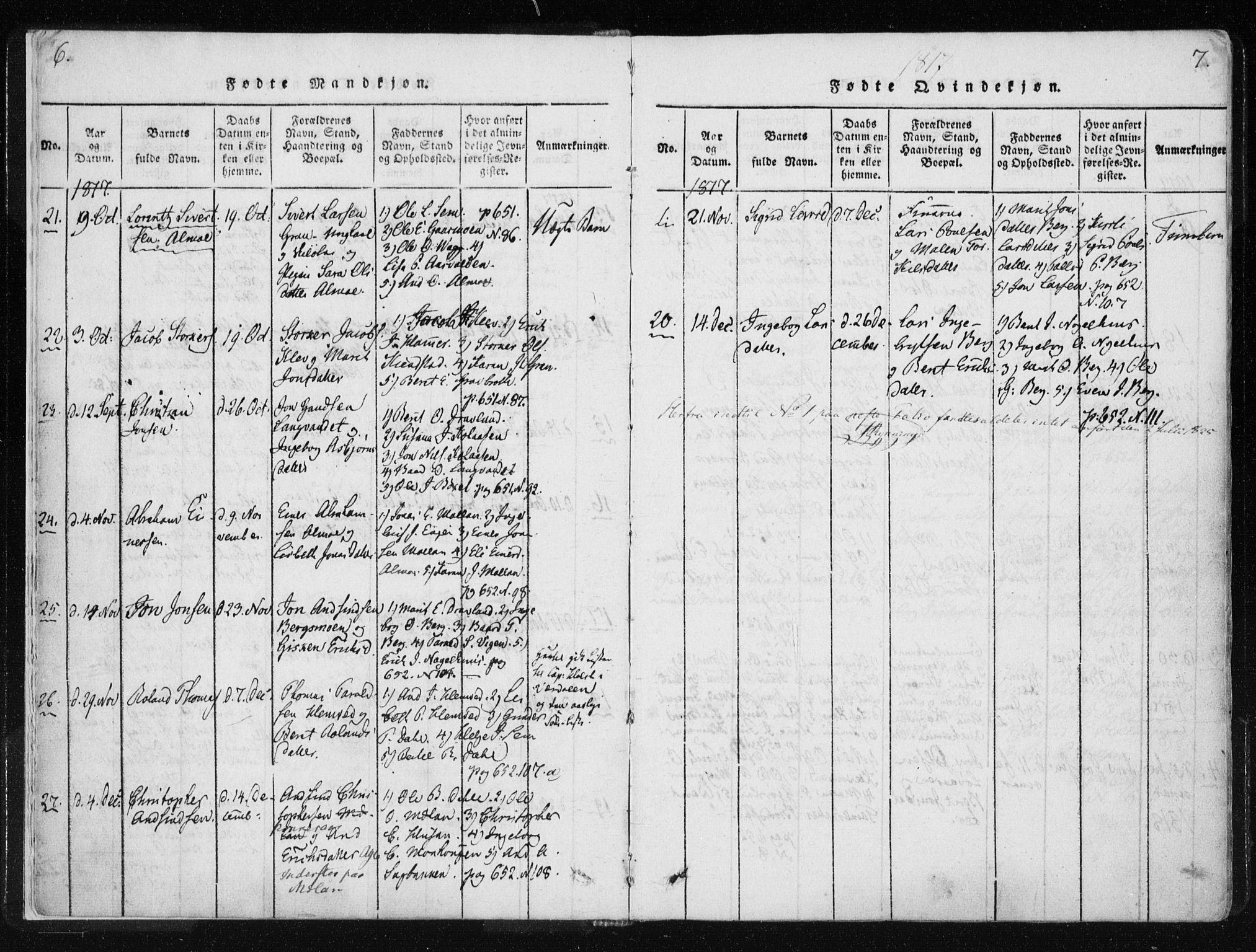Ministerialprotokoller, klokkerbøker og fødselsregistre - Nord-Trøndelag, SAT/A-1458/749/L0469: Parish register (official) no. 749A03, 1817-1857, p. 6-7