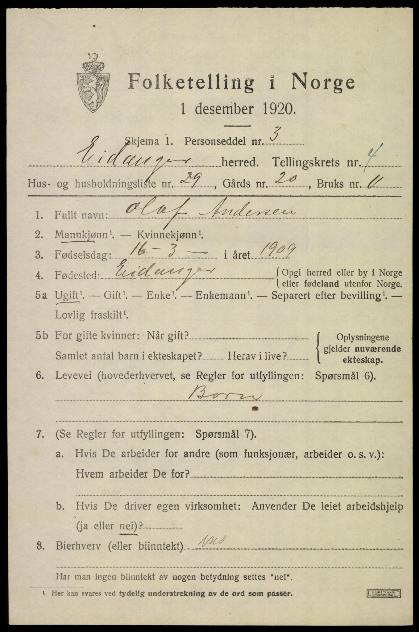 SAKO, 1920 census for Eidanger, 1920, p. 4104