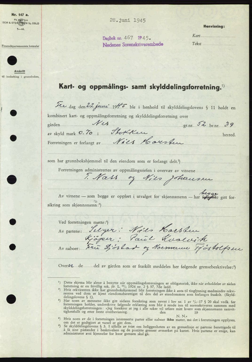 Nedenes sorenskriveri, AV/SAK-1221-0006/G/Gb/Gba/L0052: Mortgage book no. A6a, 1944-1945, Diary no: : 467/1945