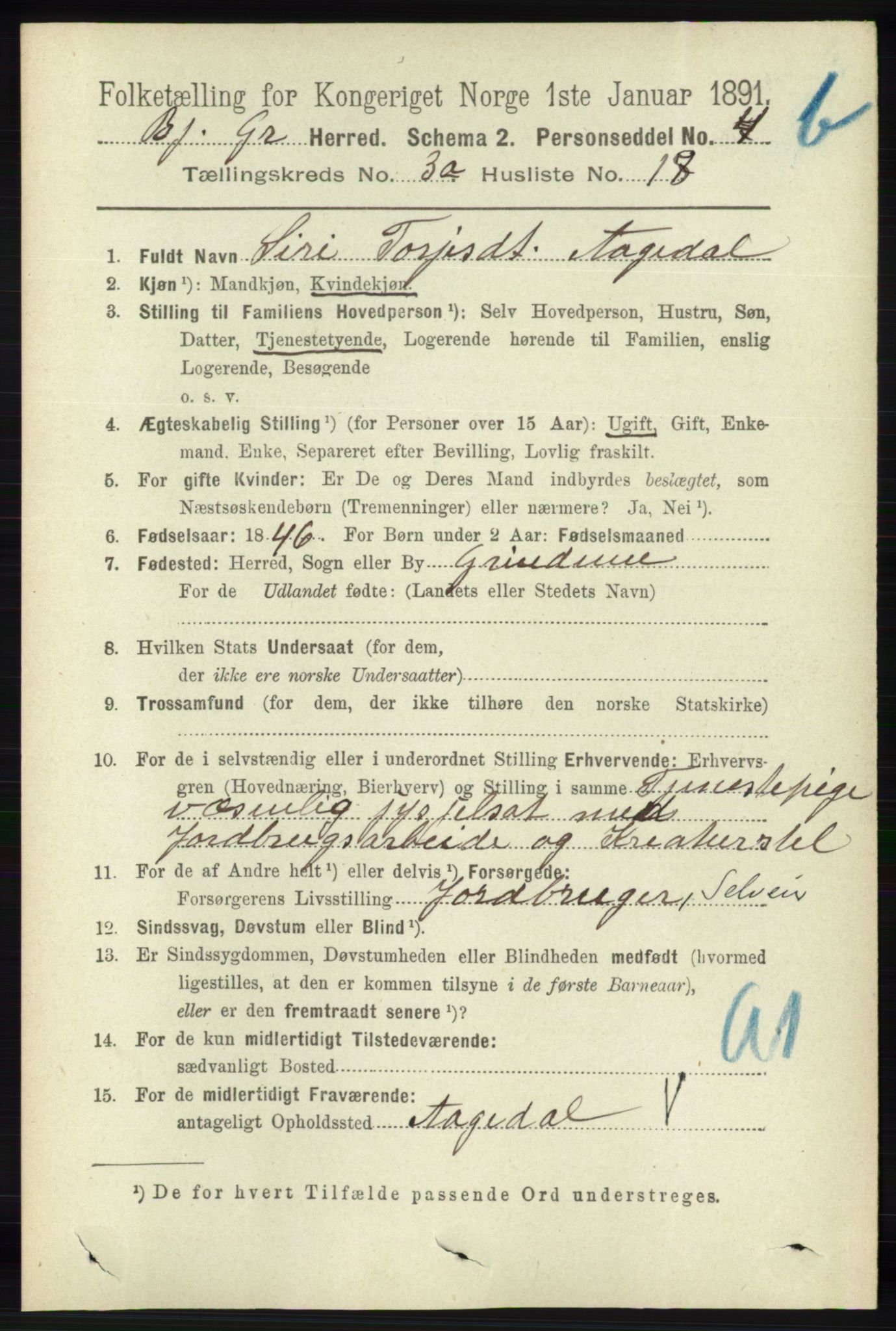 RA, 1891 census for 1024 Bjelland og Grindheim, 1891, p. 1897