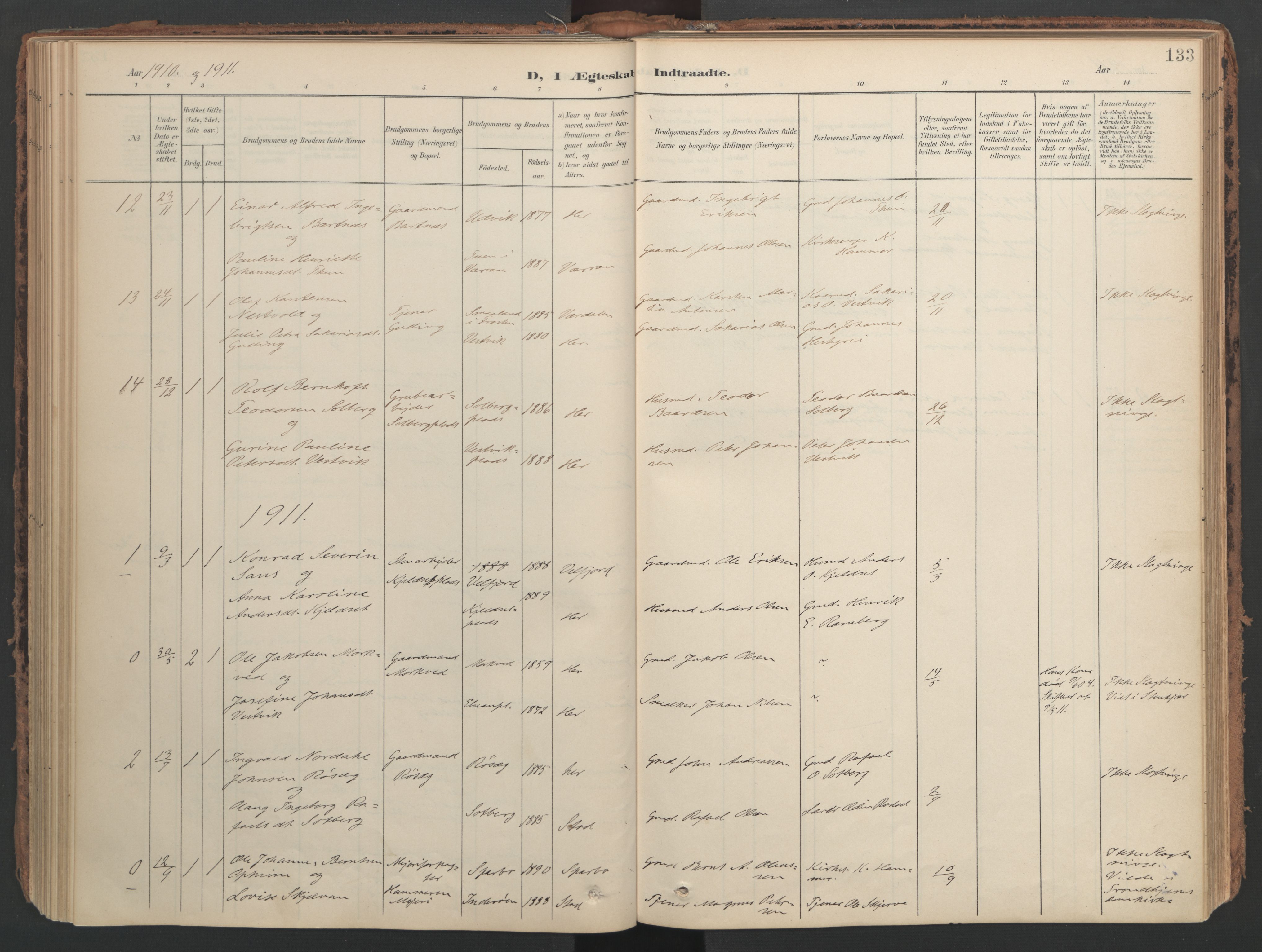 Ministerialprotokoller, klokkerbøker og fødselsregistre - Nord-Trøndelag, SAT/A-1458/741/L0397: Parish register (official) no. 741A11, 1901-1911, p. 133