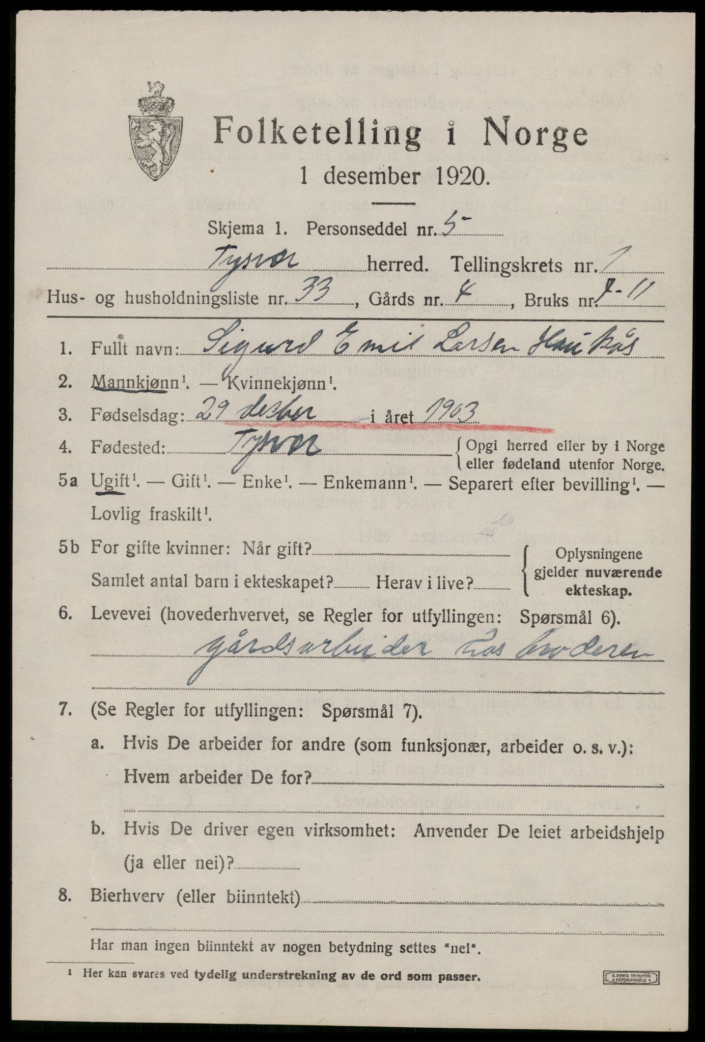 SAST, 1920 census for Tysvær, 1920, p. 1094