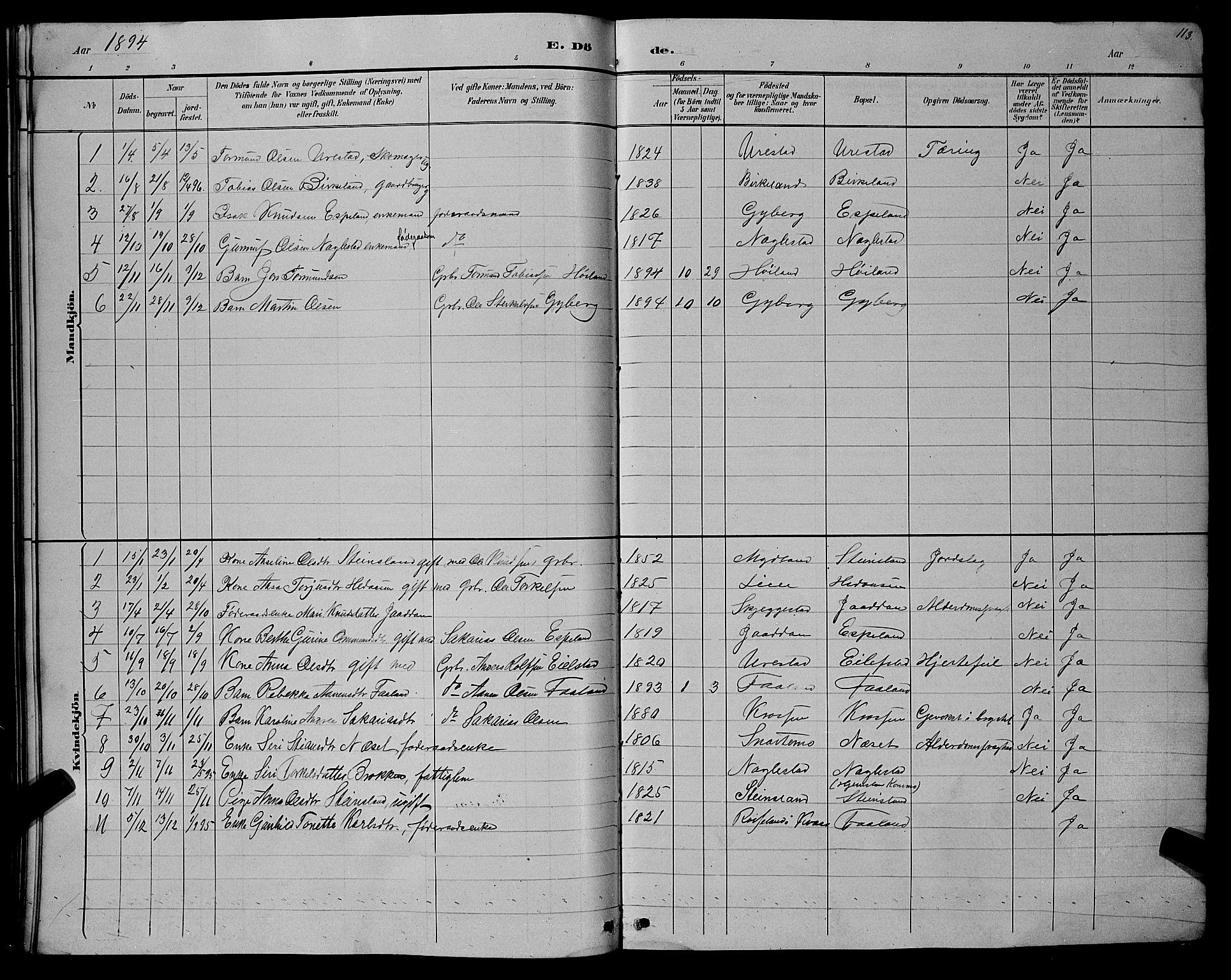 Hægebostad sokneprestkontor, SAK/1111-0024/F/Fb/Fba/L0003: Parish register (copy) no. B 3, 1883-1896, p. 113