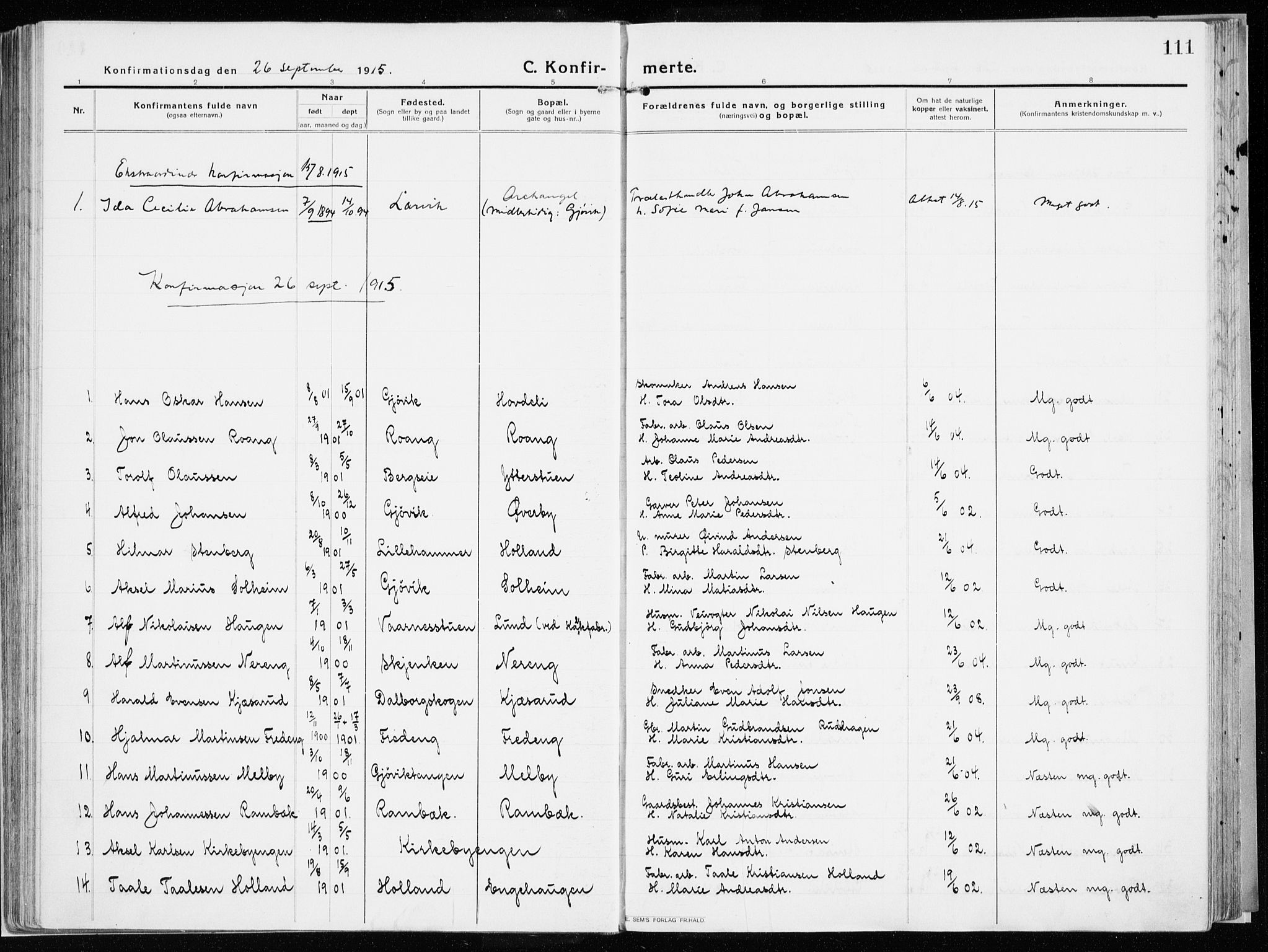 Vardal prestekontor, SAH/PREST-100/H/Ha/Haa/L0017: Parish register (official) no. 17, 1915-1929, p. 111