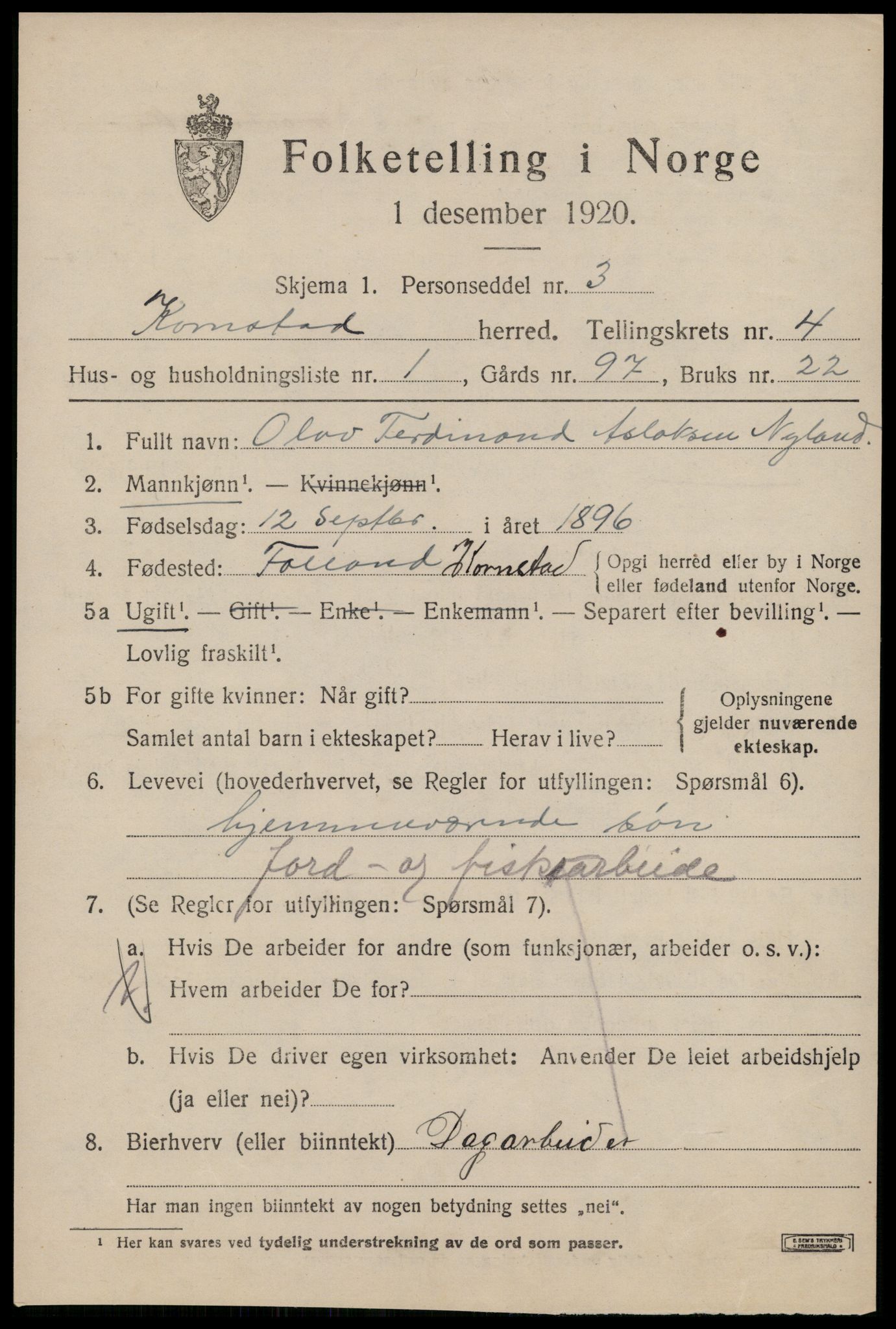 SAT, 1920 census for Kornstad, 1920, p. 2505