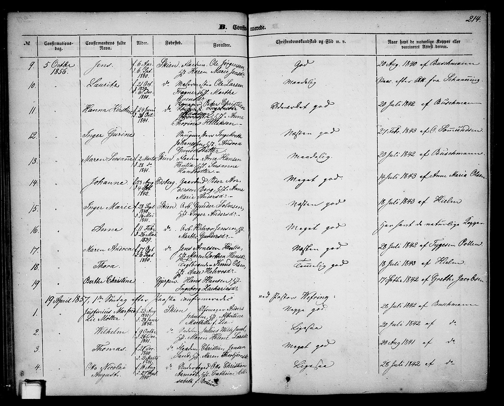 Skien kirkebøker, SAKO/A-302/G/Ga/L0004: Parish register (copy) no. 4, 1843-1867, p. 214