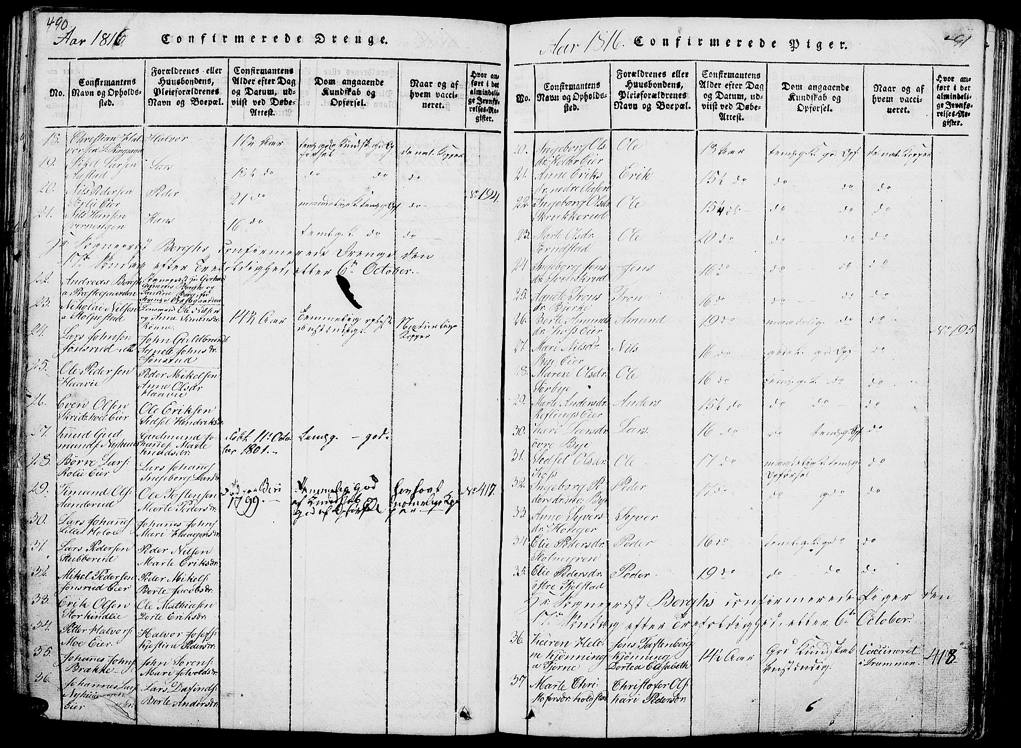 Ringsaker prestekontor, AV/SAH-PREST-014/L/La/L0001: Parish register (copy) no. 1, 1814-1826, p. 490-491