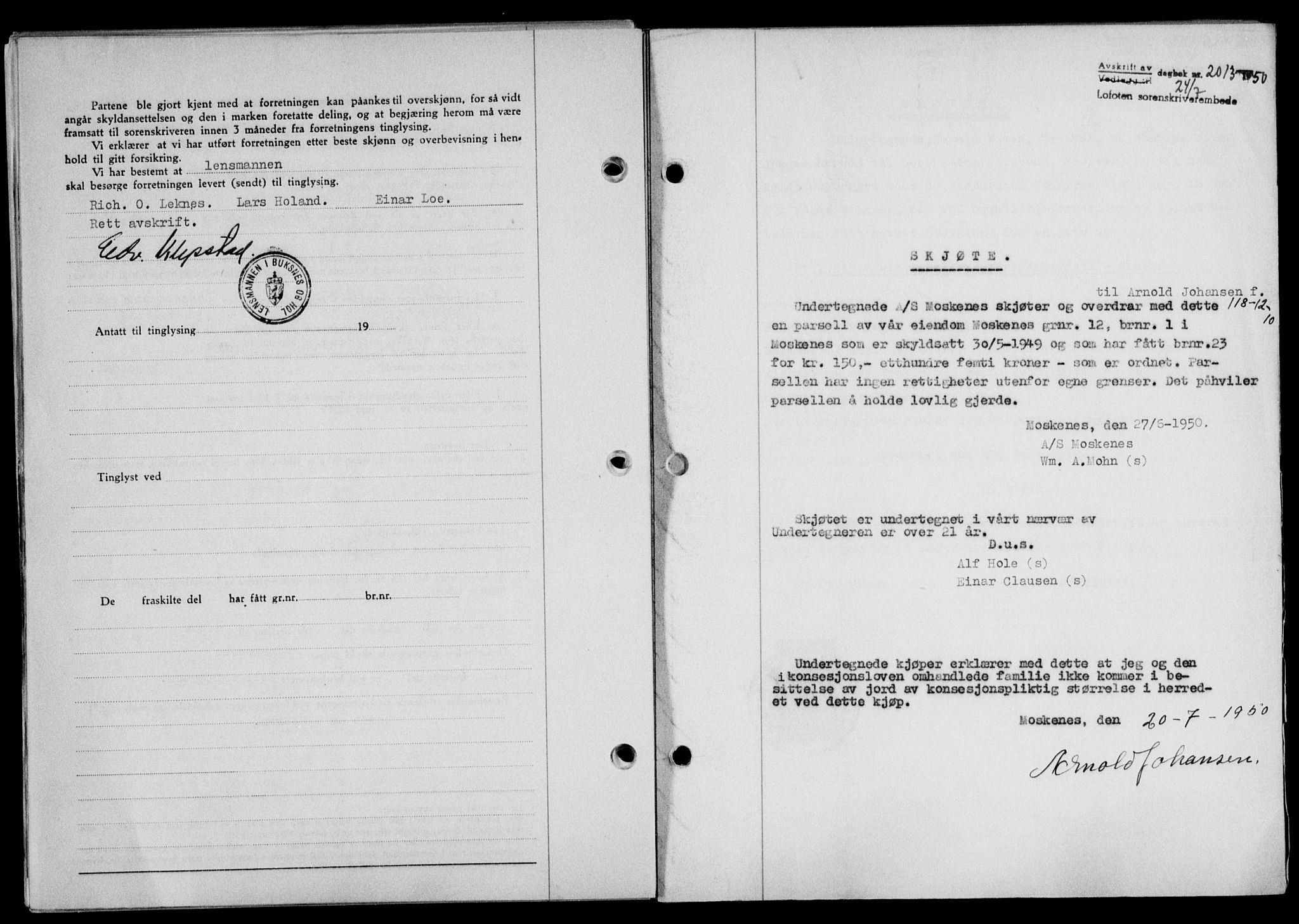 Lofoten sorenskriveri, SAT/A-0017/1/2/2C/L0024a: Mortgage book no. 24a, 1950-1950, Diary no: : 2013/1950