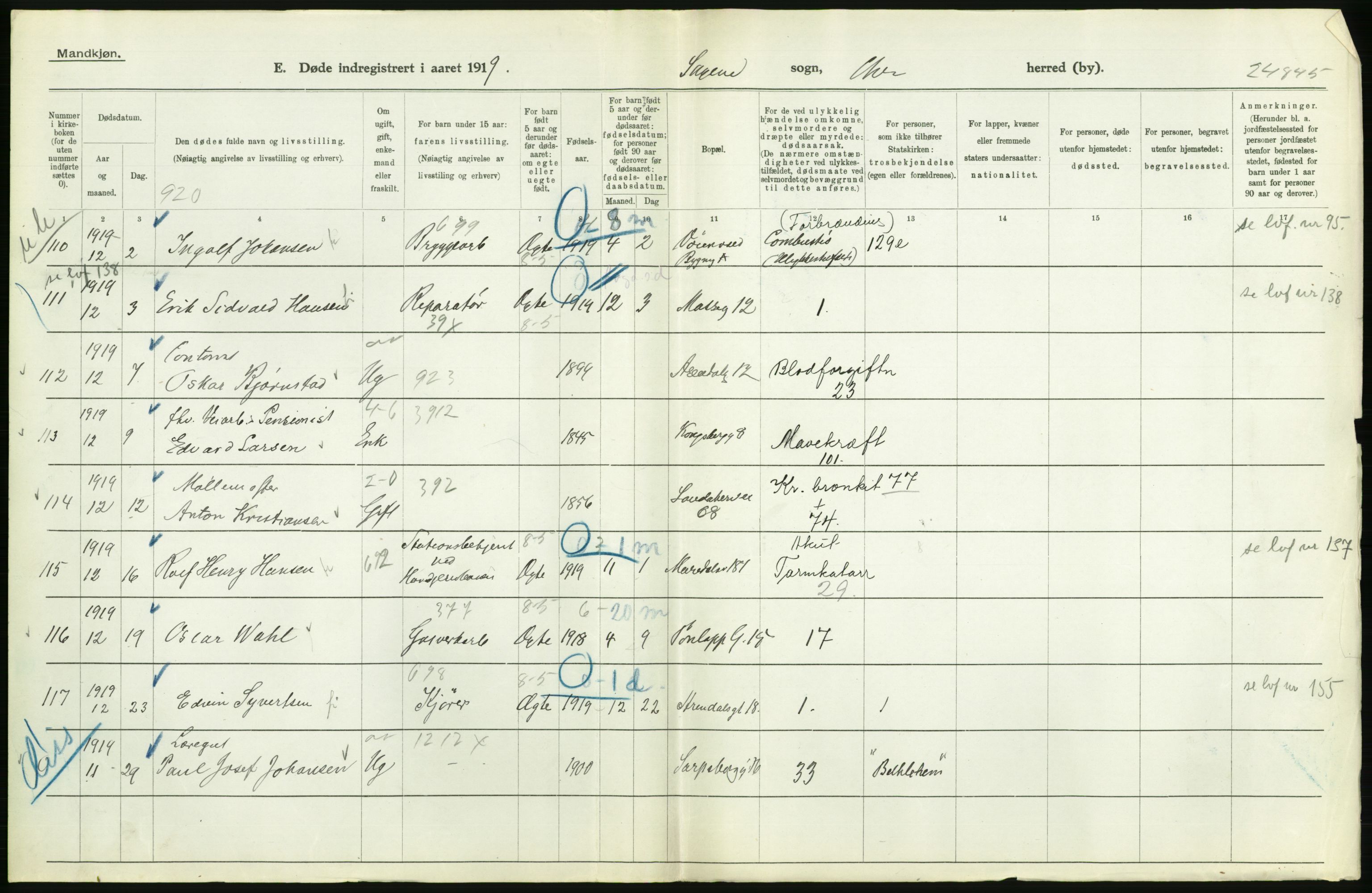 Statistisk sentralbyrå, Sosiodemografiske emner, Befolkning, AV/RA-S-2228/D/Df/Dfb/Dfbi/L0010: Kristiania: Døde, 1919, p. 330