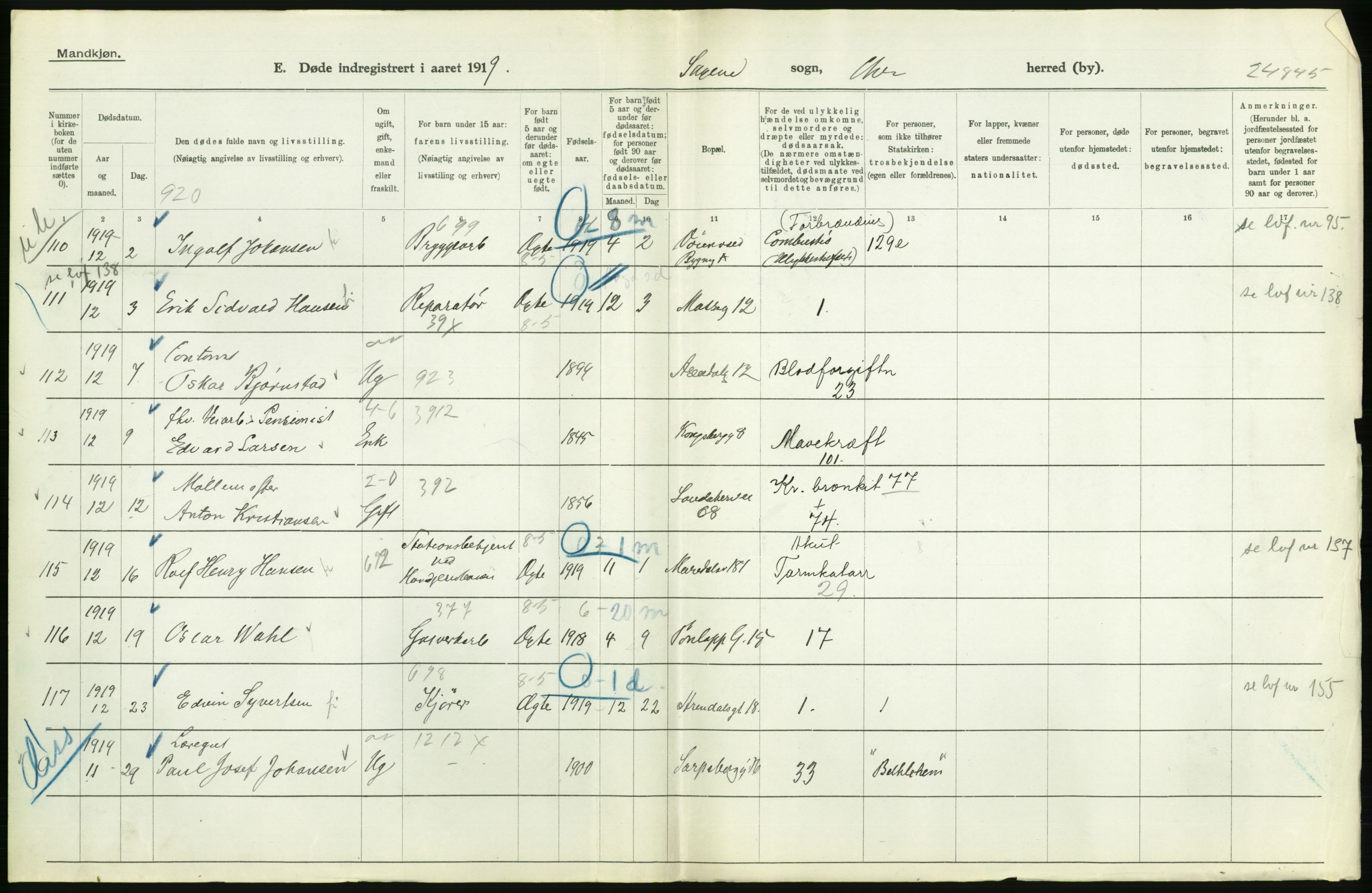 Statistisk sentralbyrå, Sosiodemografiske emner, Befolkning, RA/S-2228/D/Df/Dfb/Dfbi/L0010: Kristiania: Døde, 1919, p. 330