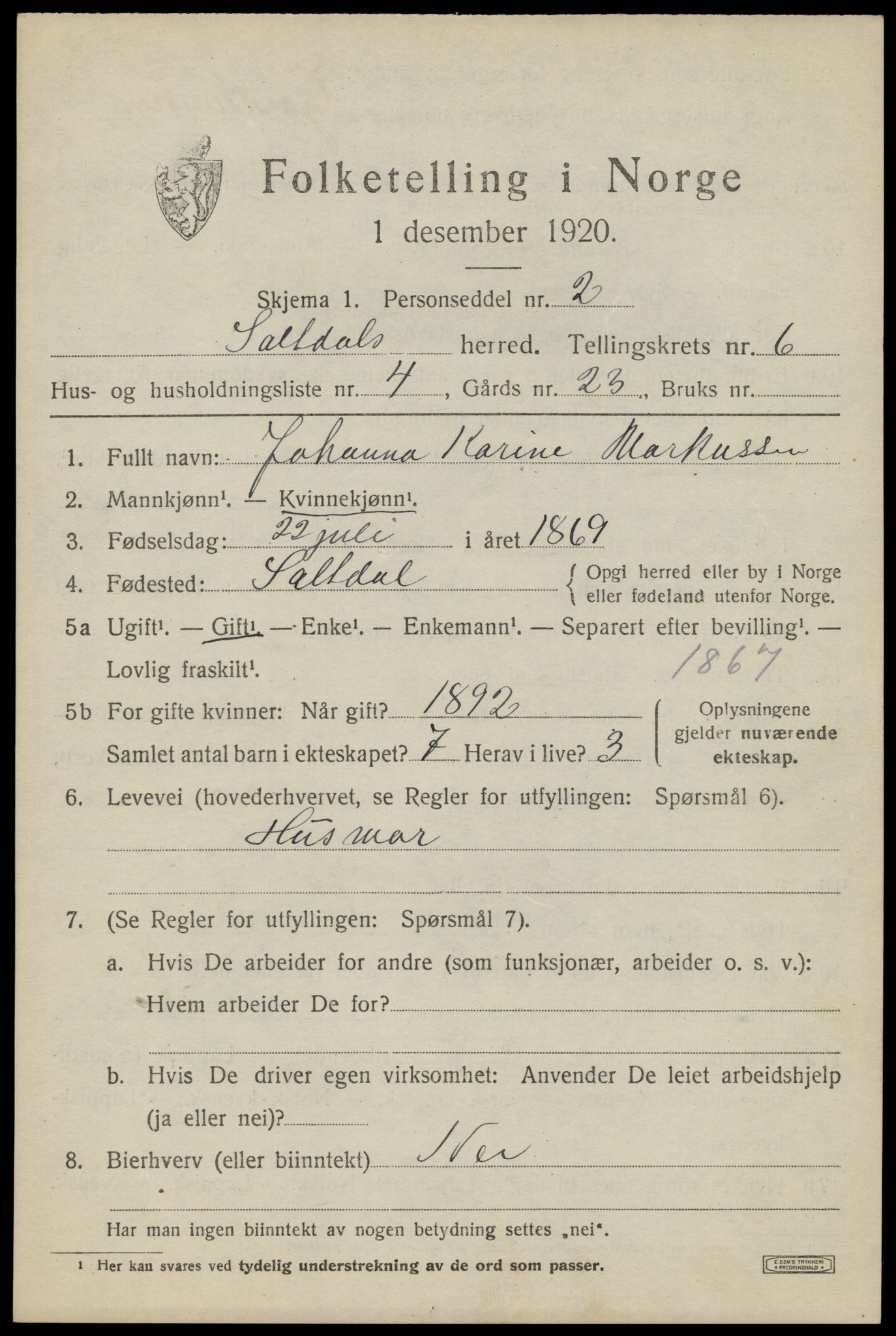 SAT, 1920 census for Saltdal, 1920, p. 7371