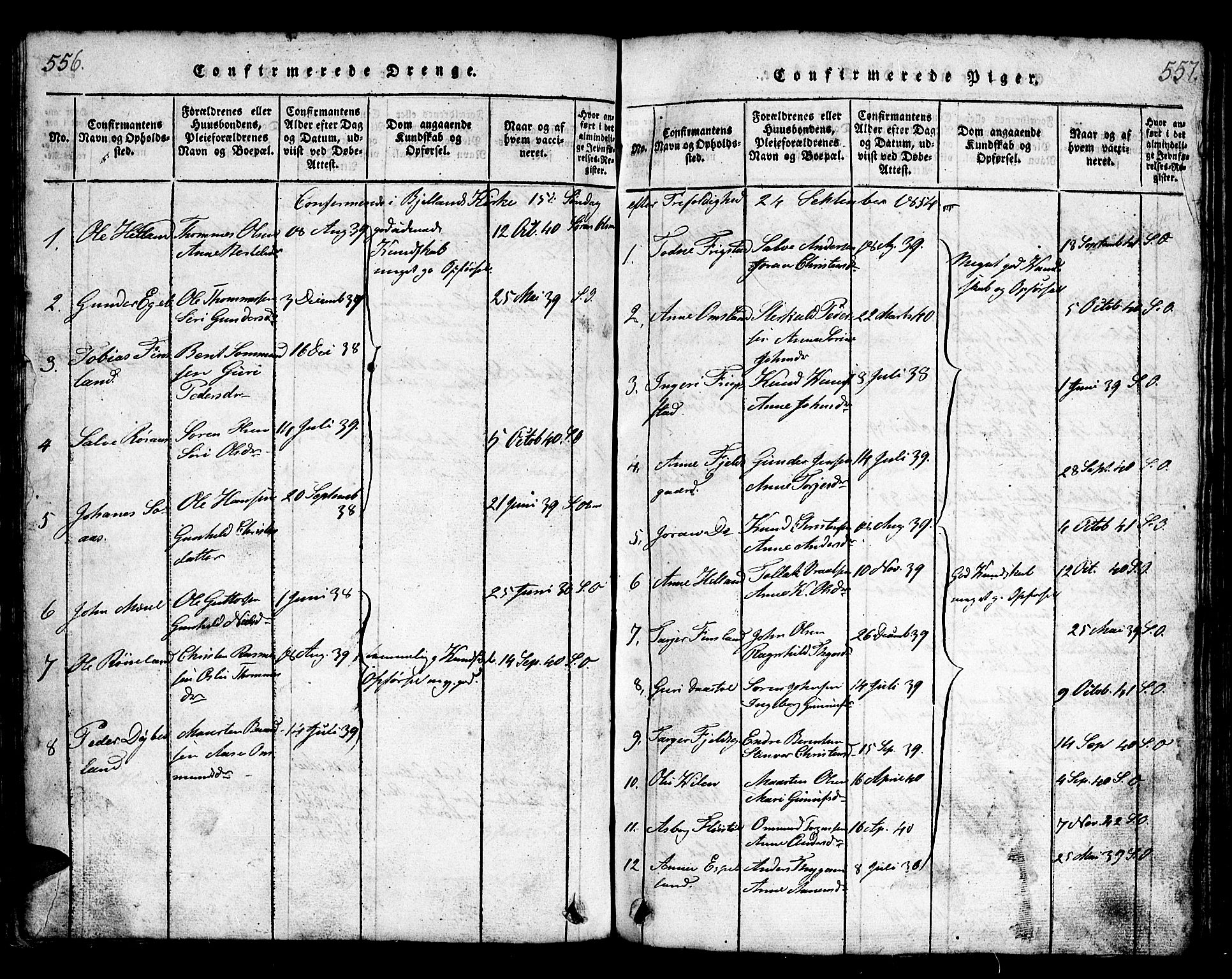 Bjelland sokneprestkontor, AV/SAK-1111-0005/F/Fb/Fbb/L0003: Parish register (copy) no. B 3, 1816-1868, p. 556-557