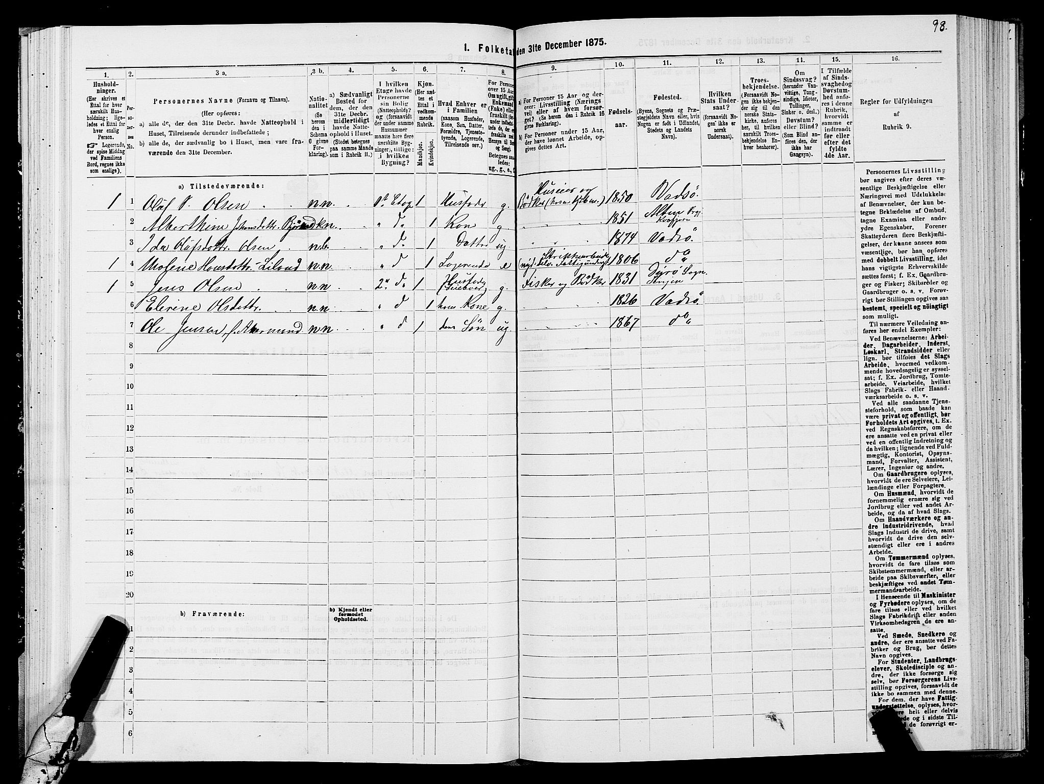 SATØ, 1875 census for 2003B Vadsø/Vadsø, 1875, p. 1098