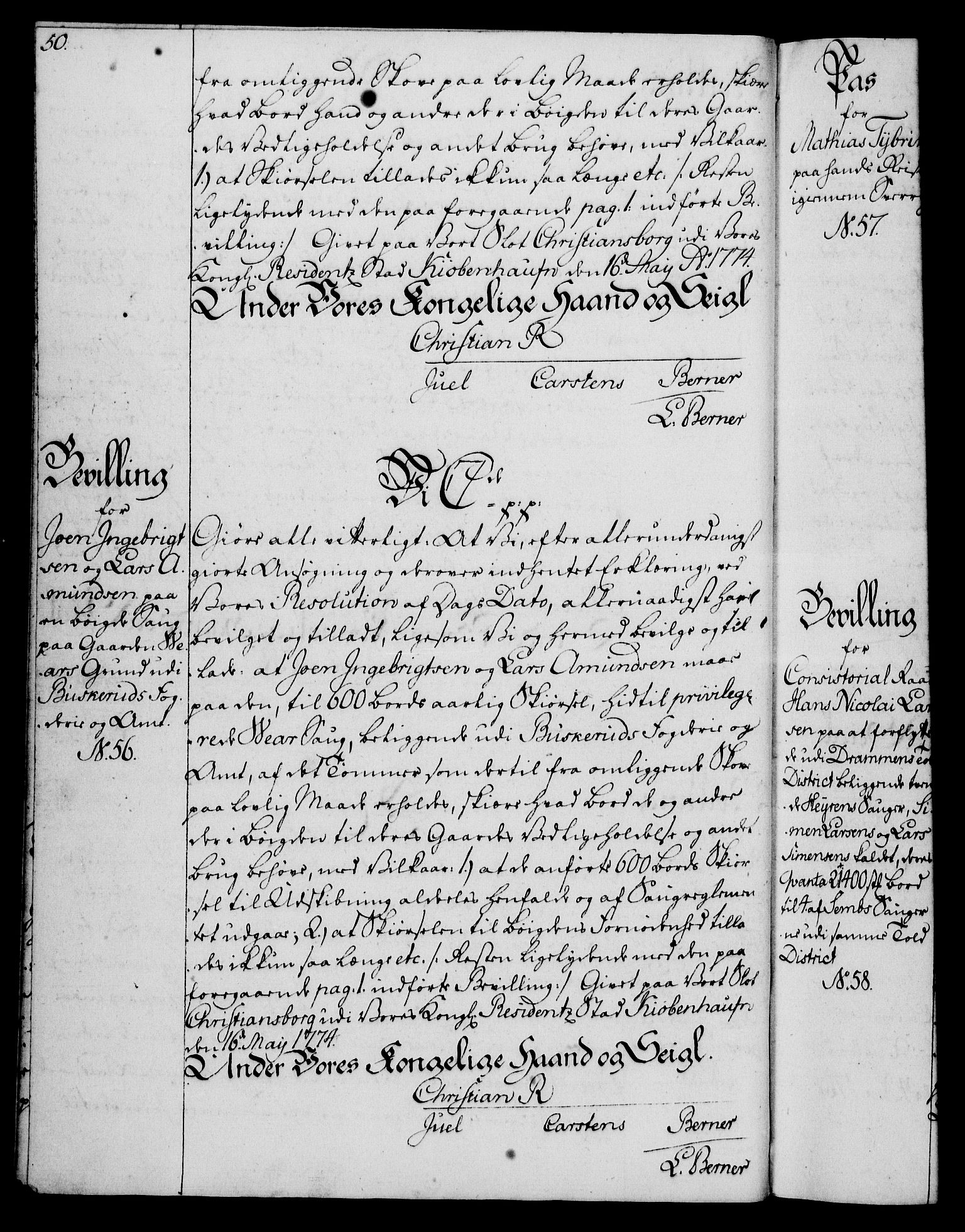 Rentekammeret, Kammerkanselliet, AV/RA-EA-3111/G/Gg/Gga/L0010: Norsk ekspedisjonsprotokoll med register (merket RK 53.10), 1773-1778, p. 50