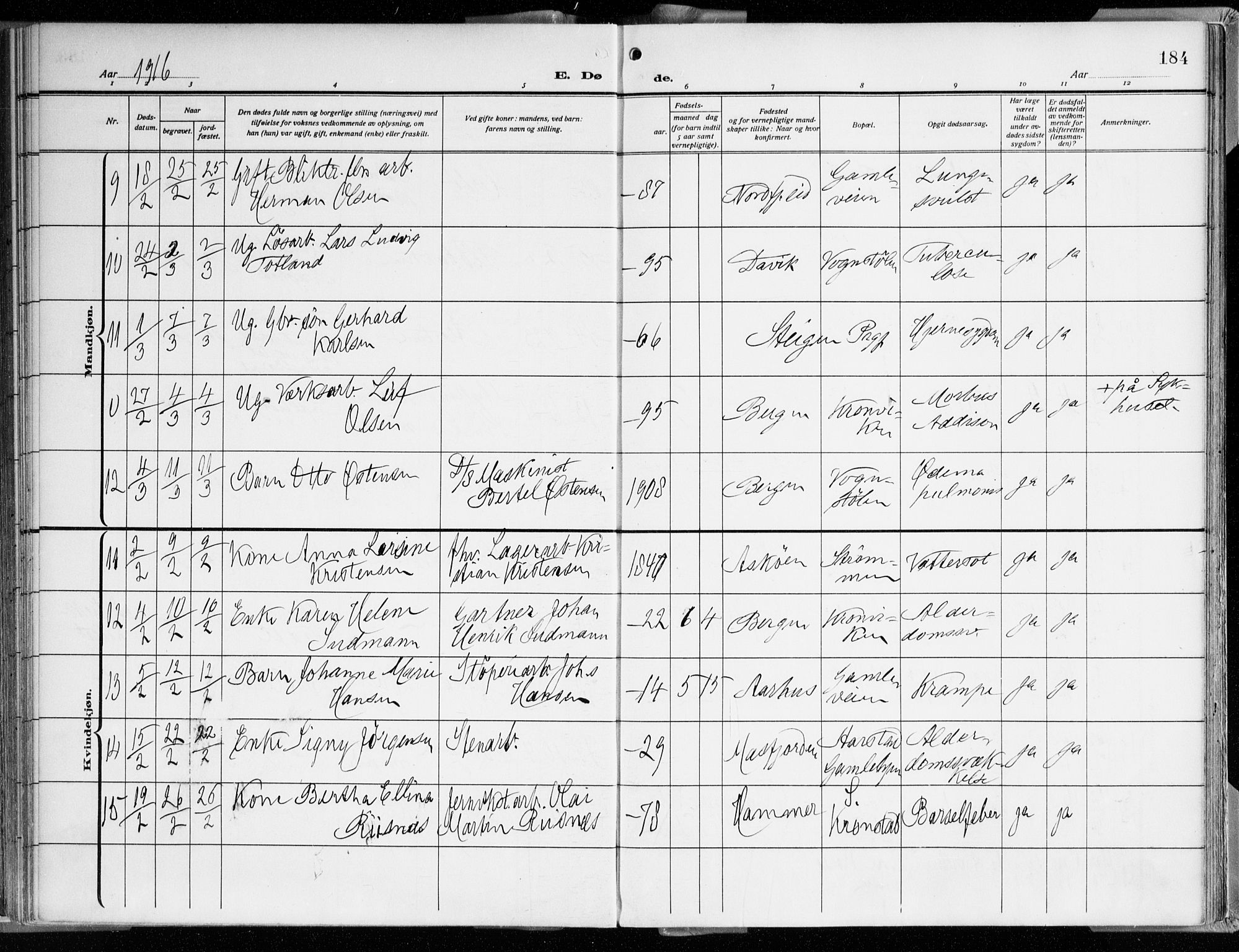 Årstad Sokneprestembete, AV/SAB-A-79301/H/Haa/L0003: Parish register (official) no. A 3, 1914-1919, p. 184