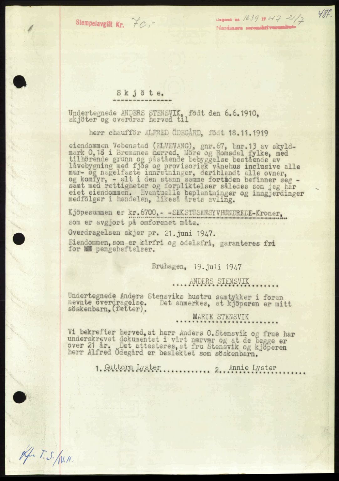 Nordmøre sorenskriveri, AV/SAT-A-4132/1/2/2Ca: Mortgage book no. A105, 1947-1947, Diary no: : 1639/1947