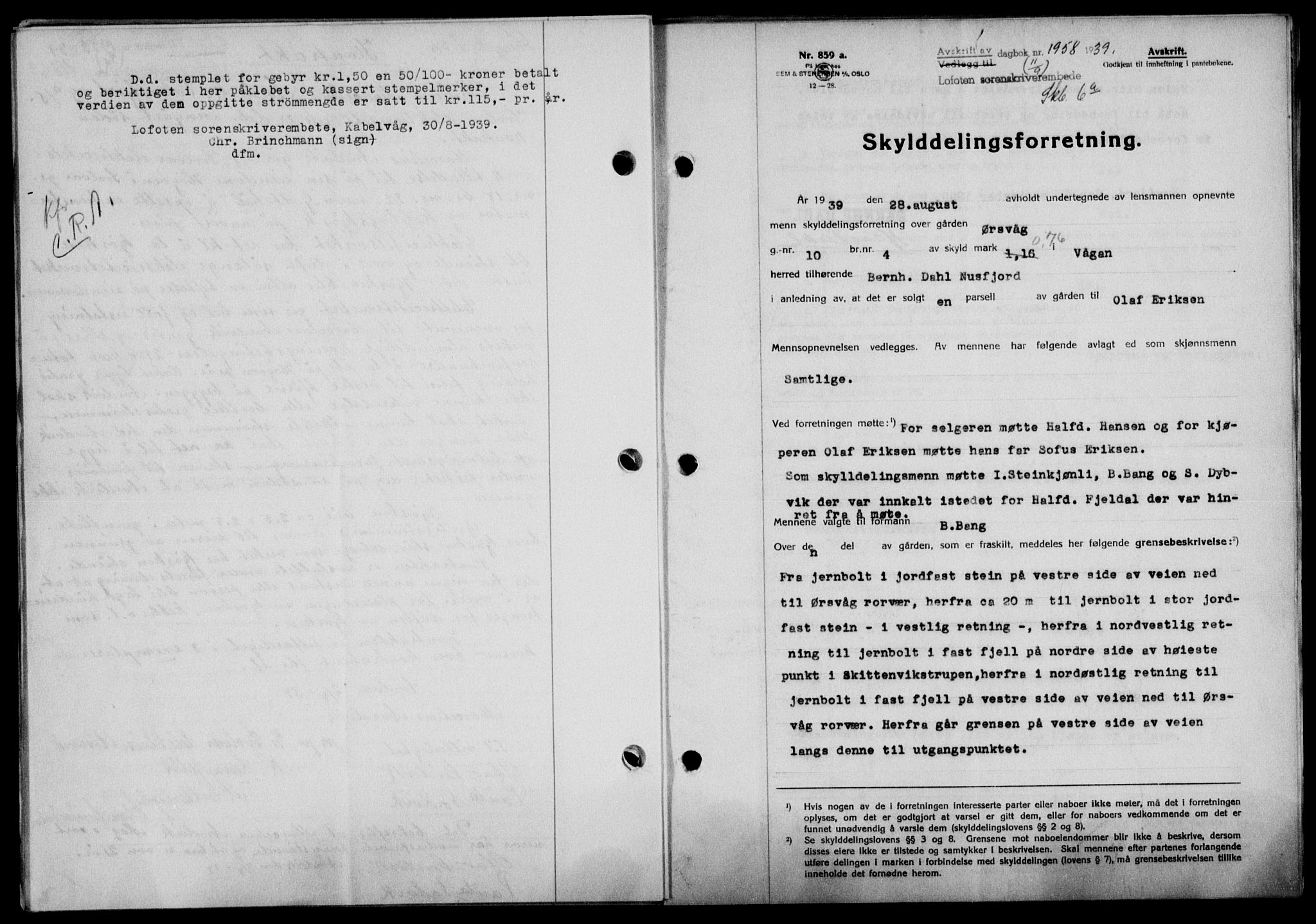 Lofoten sorenskriveri, SAT/A-0017/1/2/2C/L0006a: Mortgage book no. 6a, 1939-1939, Diary no: : 1958/1939