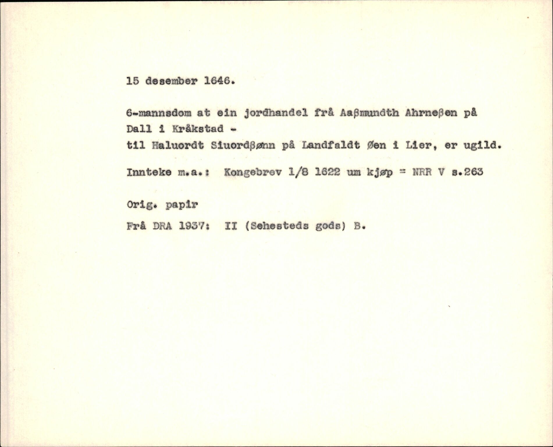 Riksarkivets diplomsamling, AV/RA-EA-5965/F35/F35f/L0001: Regestsedler: Diplomer fra DRA 1937 og 1996, p. 717