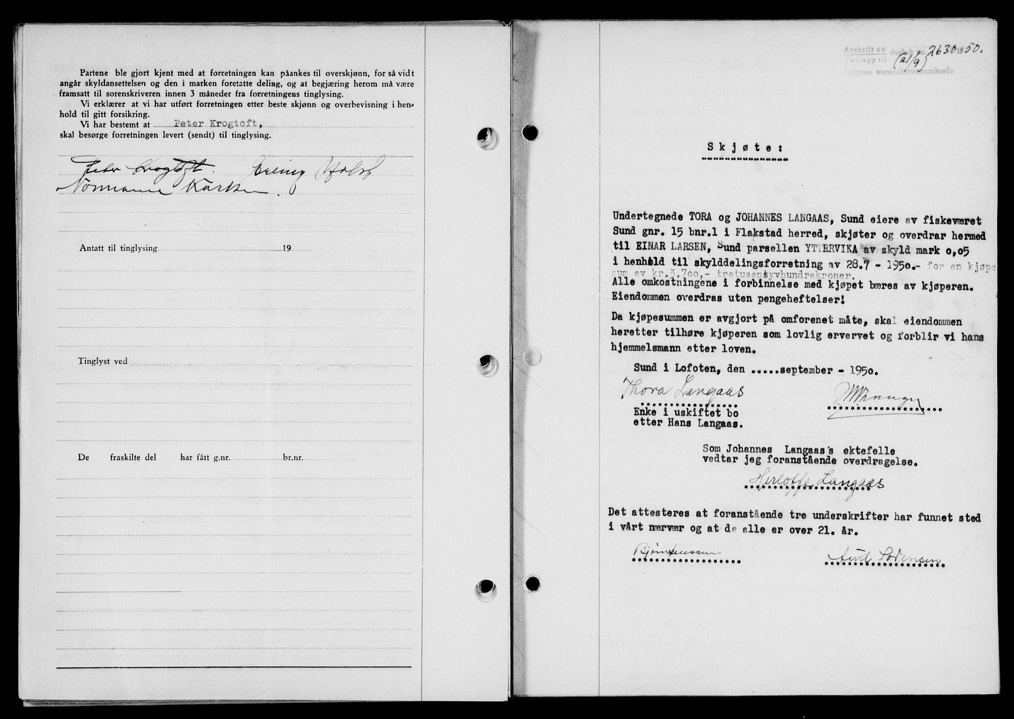 Lofoten sorenskriveri, SAT/A-0017/1/2/2C/L0024a: Mortgage book no. 24a, 1950-1950, Diary no: : 2630/1950