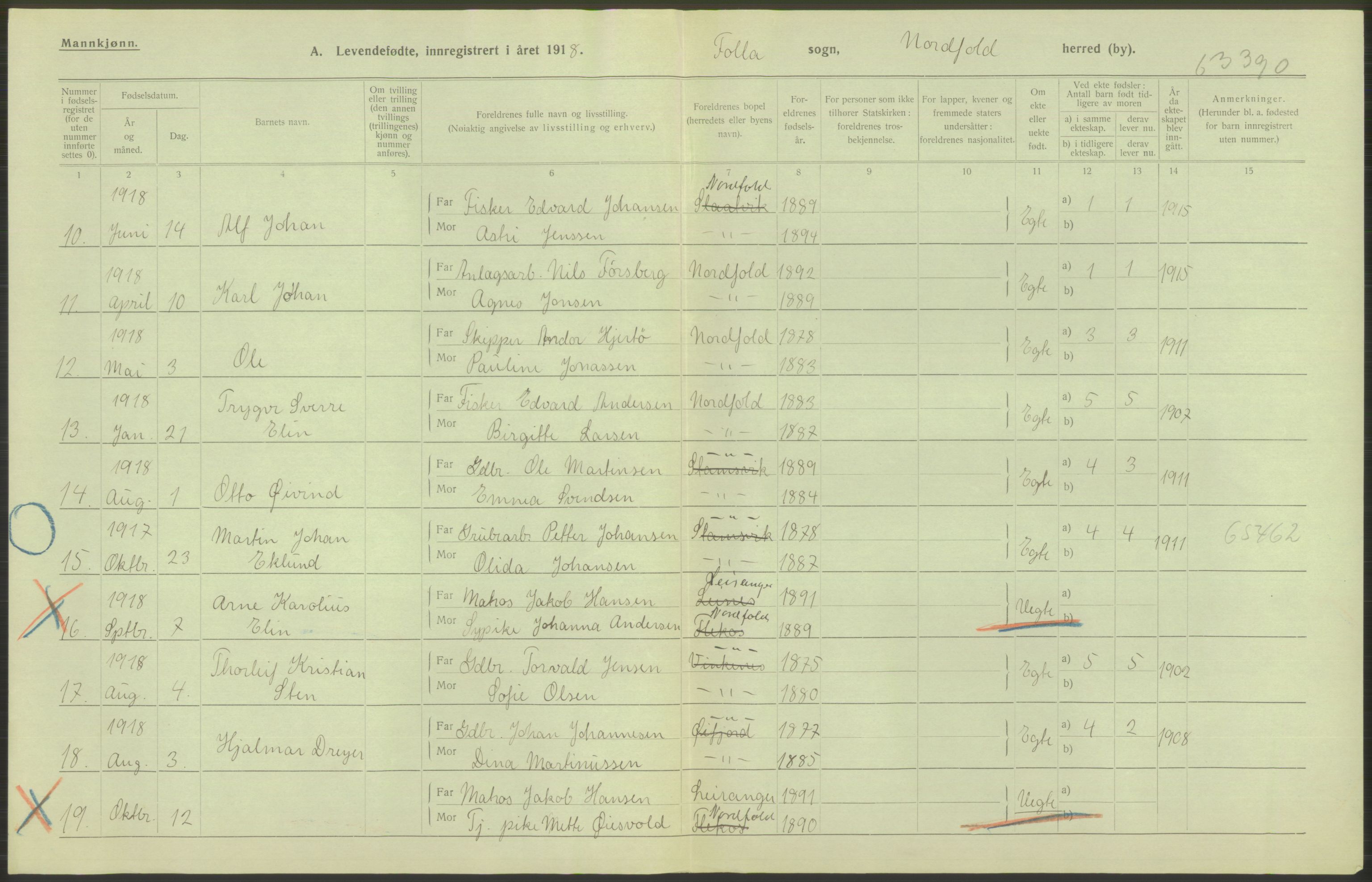 Statistisk sentralbyrå, Sosiodemografiske emner, Befolkning, AV/RA-S-2228/D/Df/Dfb/Dfbh/L0052: Nordland fylke: Levendefødte menn og kvinner. Bygder., 1918, p. 468