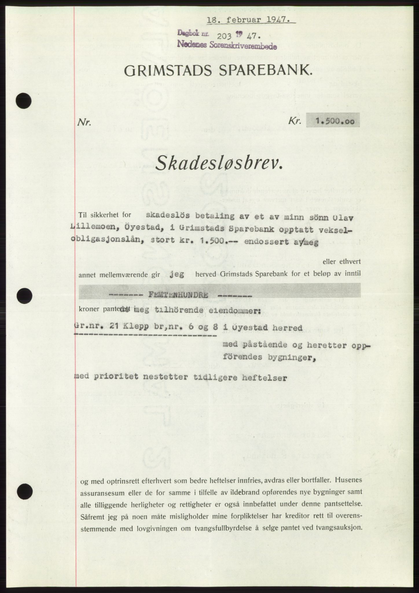 Nedenes sorenskriveri, AV/SAK-1221-0006/G/Gb/Gbb/L0004: Mortgage book no. B4, 1947-1947, Diary no: : 203/1947