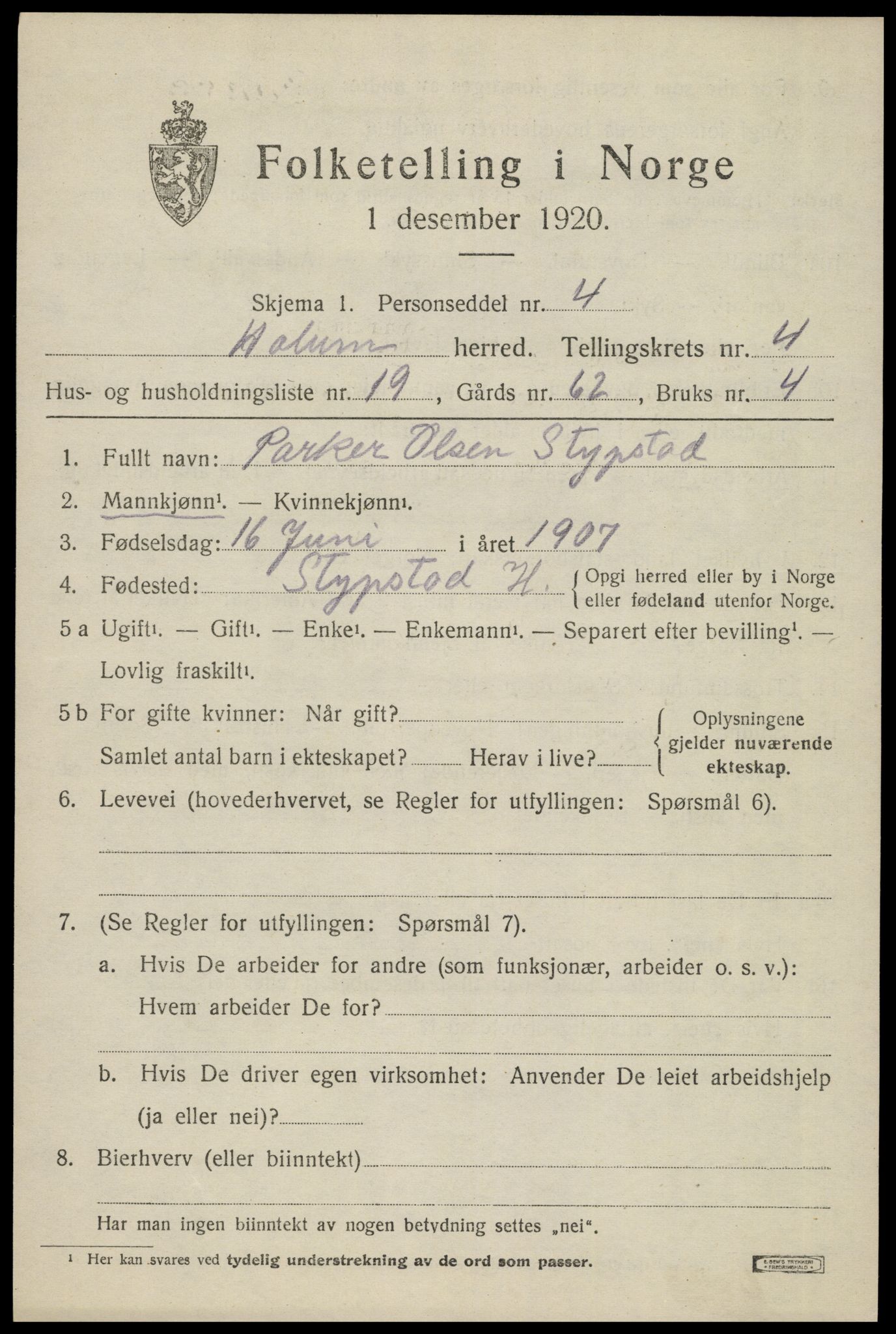 SAK, 1920 census for Holum, 1920, p. 2117