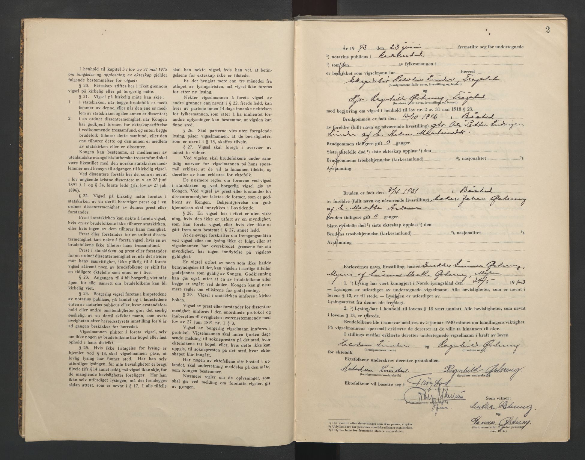 Rakkestad sorenskriveri, SAO/A-10686/L/Lc/Lca/L0003: Vigselbøker, 1943-1944, p. 2
