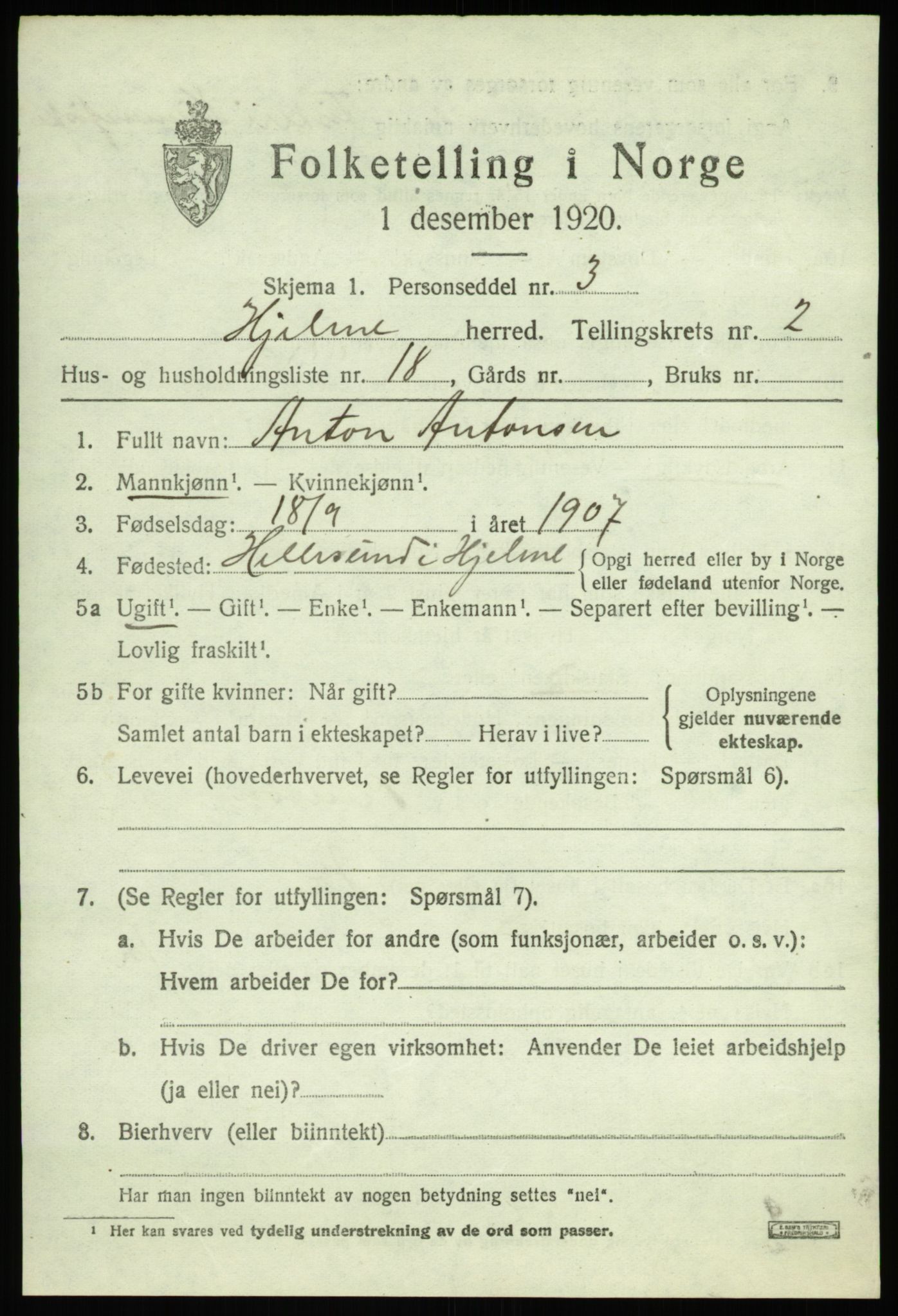 SAB, 1920 census for Hjelme, 1920, p. 1298