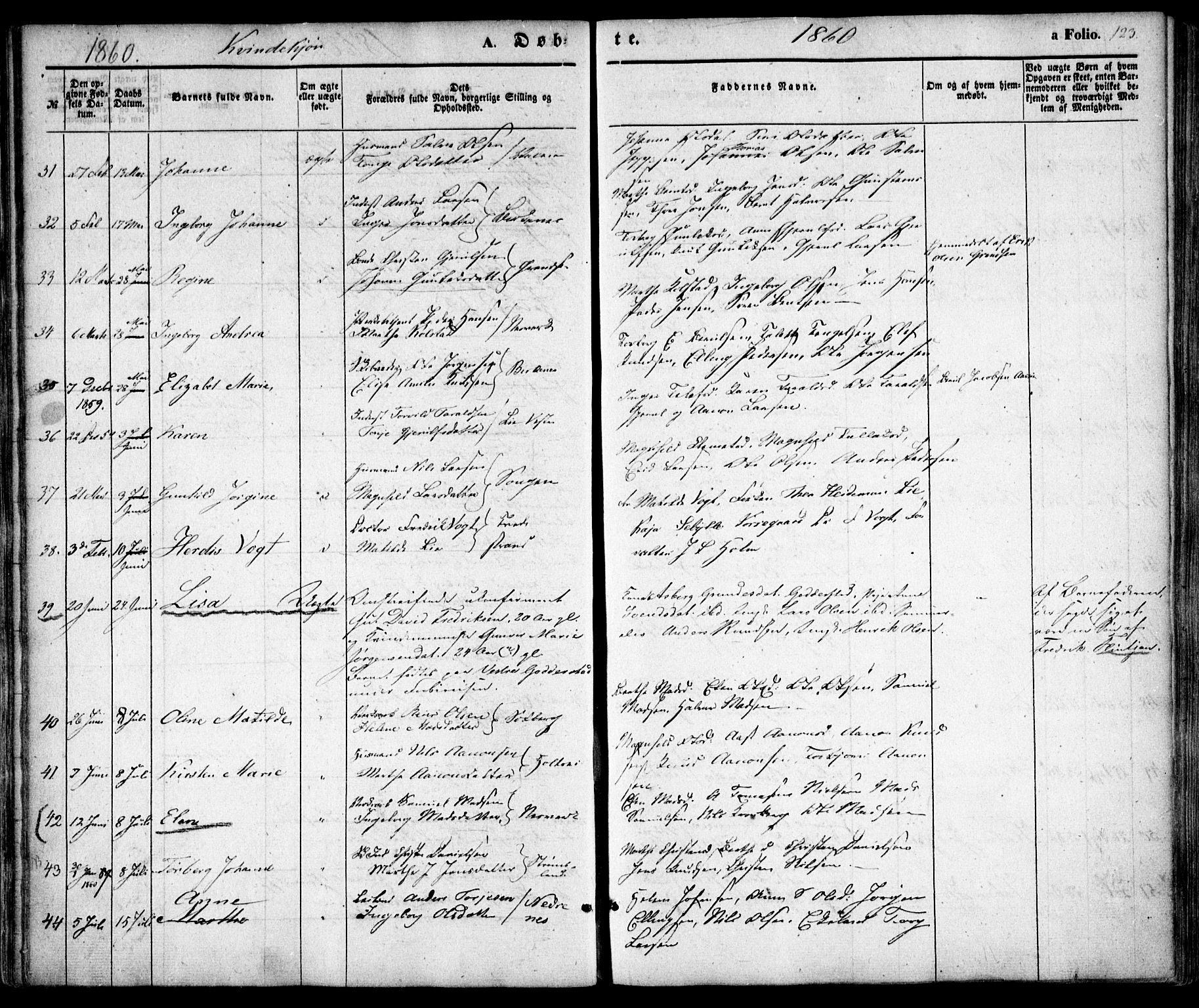 Holt sokneprestkontor, AV/SAK-1111-0021/F/Fa/L0008: Parish register (official) no. A 8, 1849-1860, p. 123