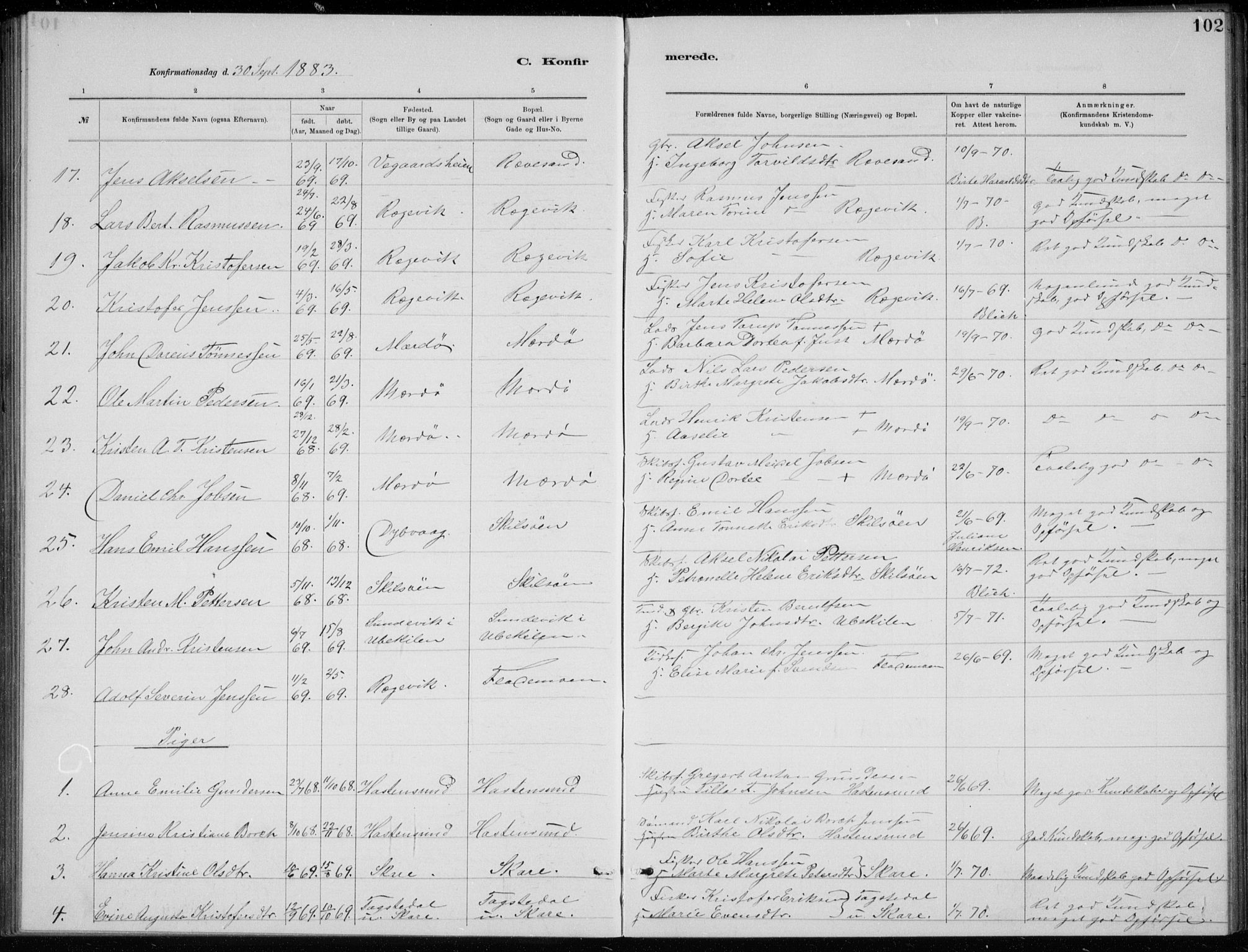 Tromøy sokneprestkontor, SAK/1111-0041/F/Fb/L0005: Parish register (copy) no. B 5, 1877-1891, p. 102