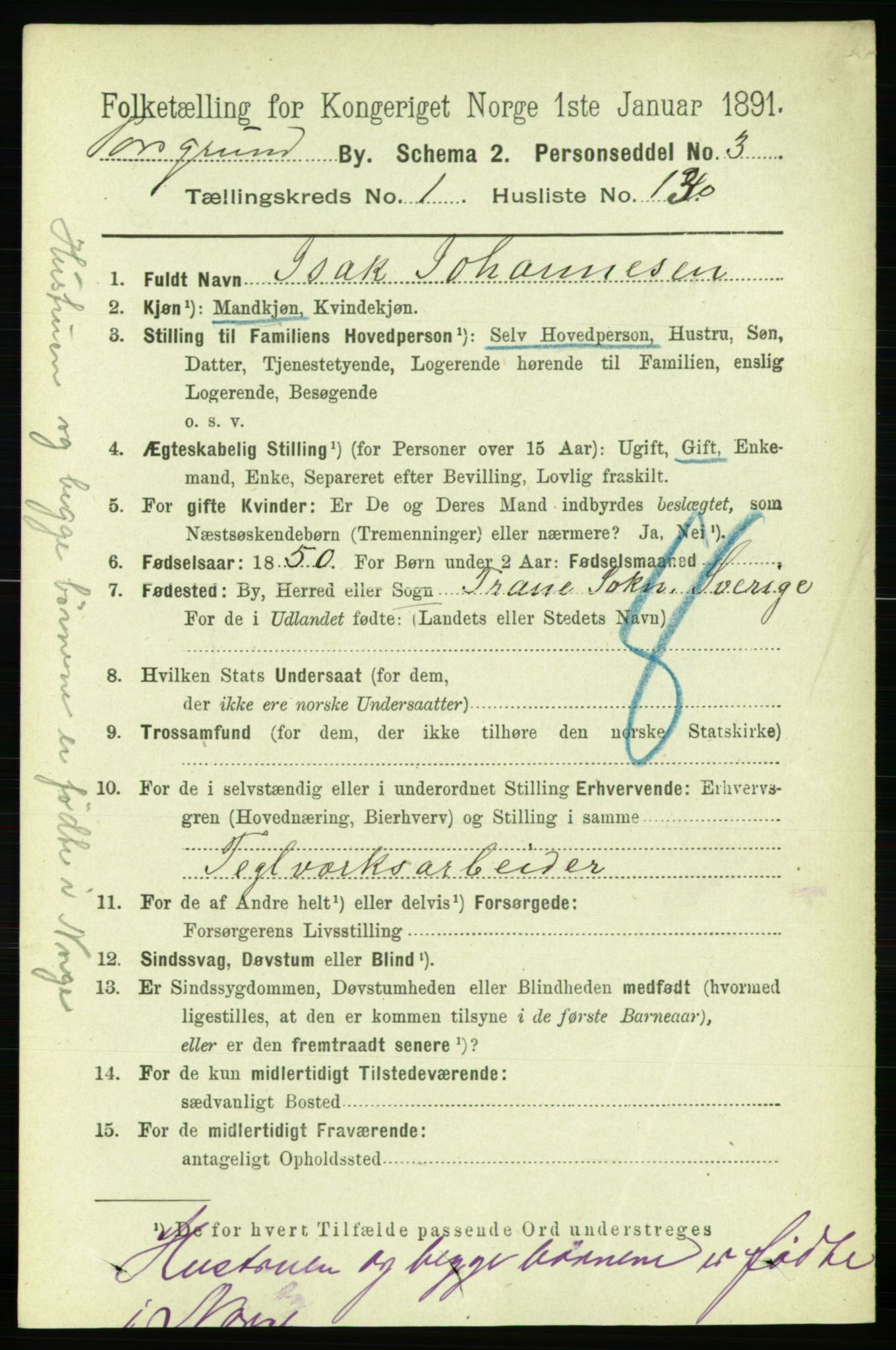 RA, 1891 census for 0805 Porsgrunn, 1891, p. 2122