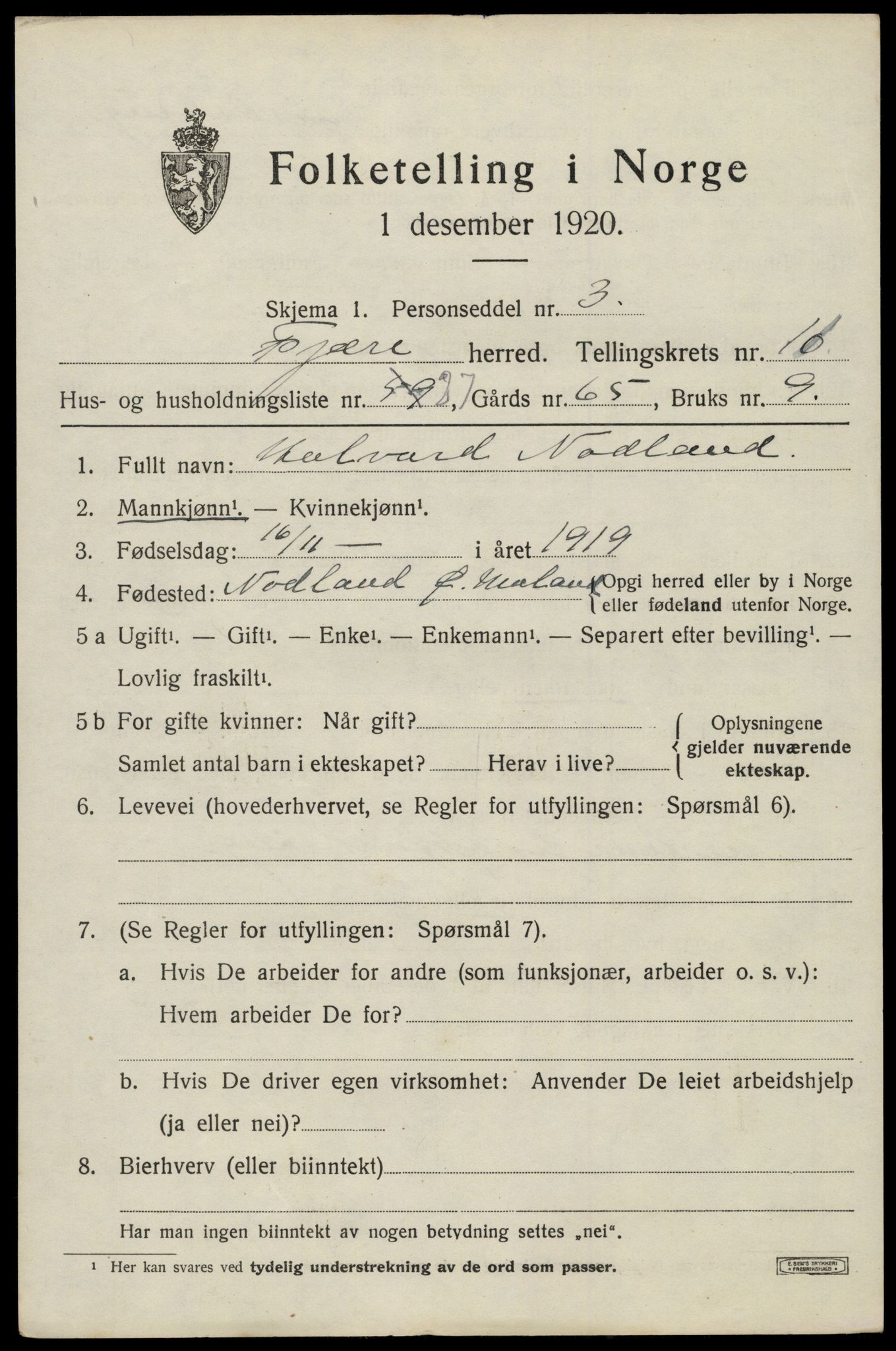 SAK, 1920 census for Fjære, 1920, p. 12015