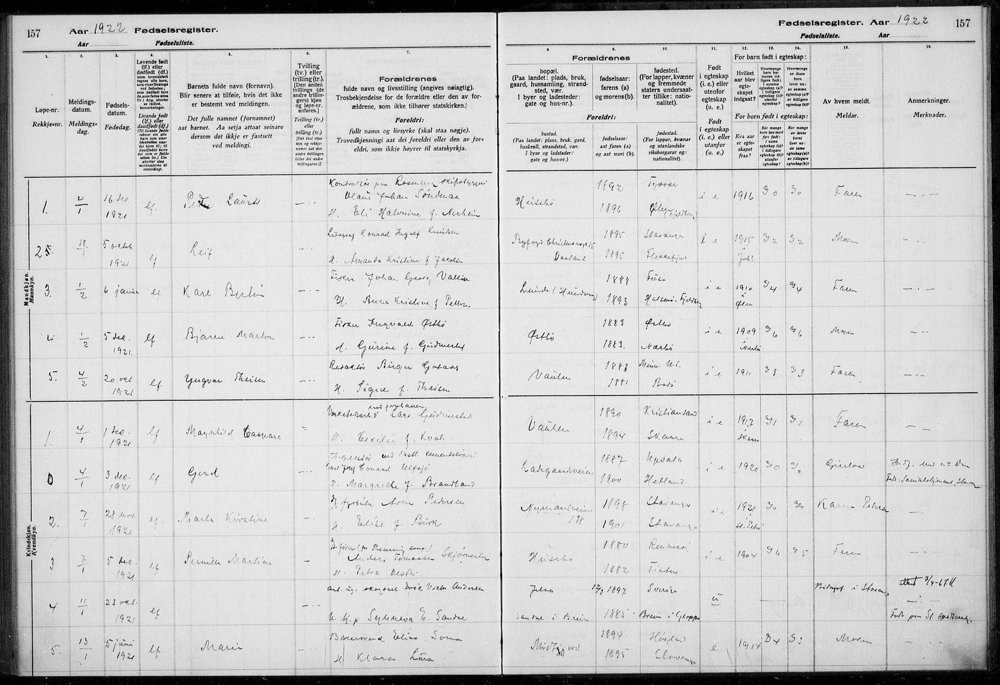 Hetland sokneprestkontor, AV/SAST-A-101826/70/704BA/L0003: Birth register no. 1, 1916-1923, p. 157