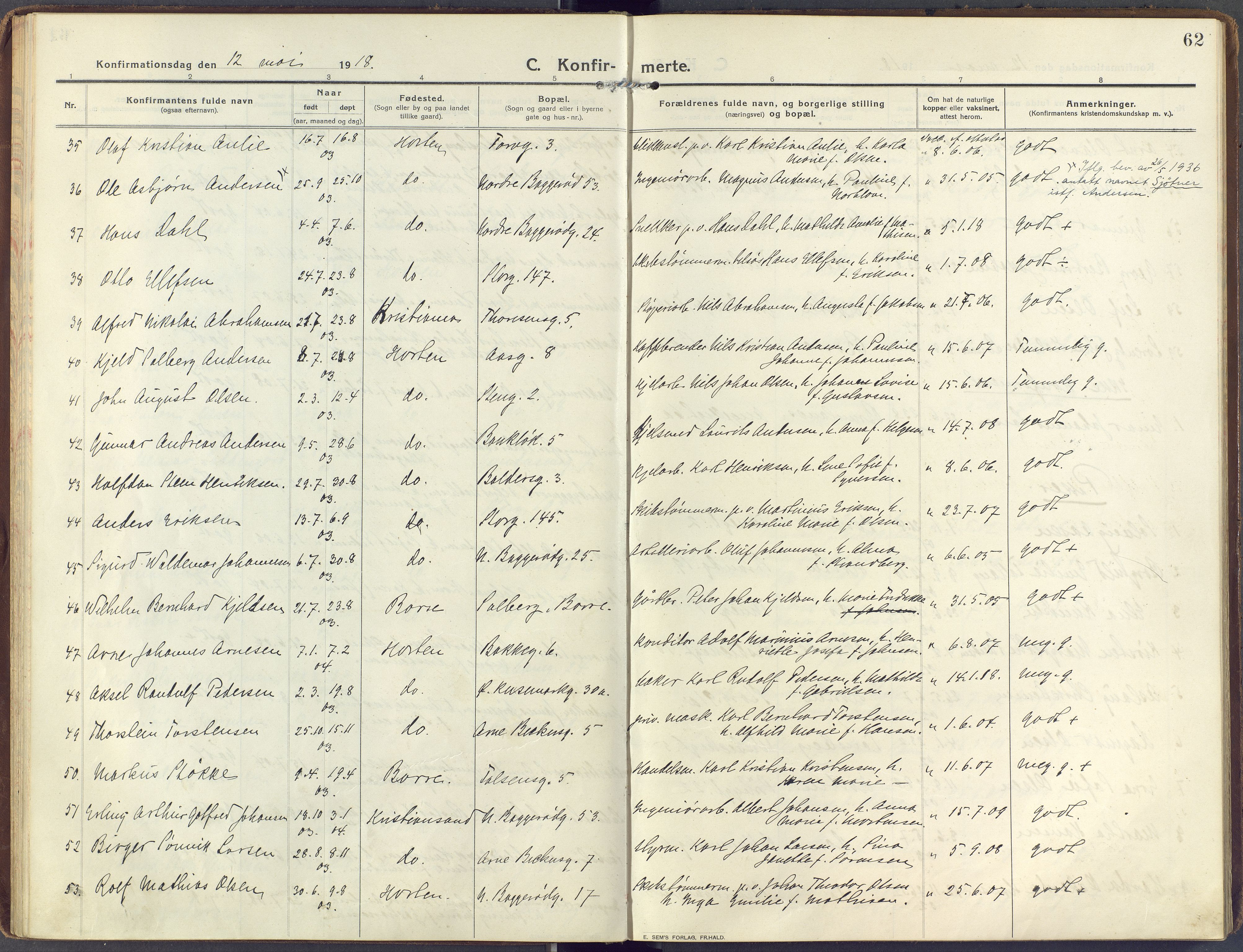 Horten kirkebøker, AV/SAKO-A-348/F/Fa/L0010: Parish register (official) no. 10, 1913-1925, p. 62